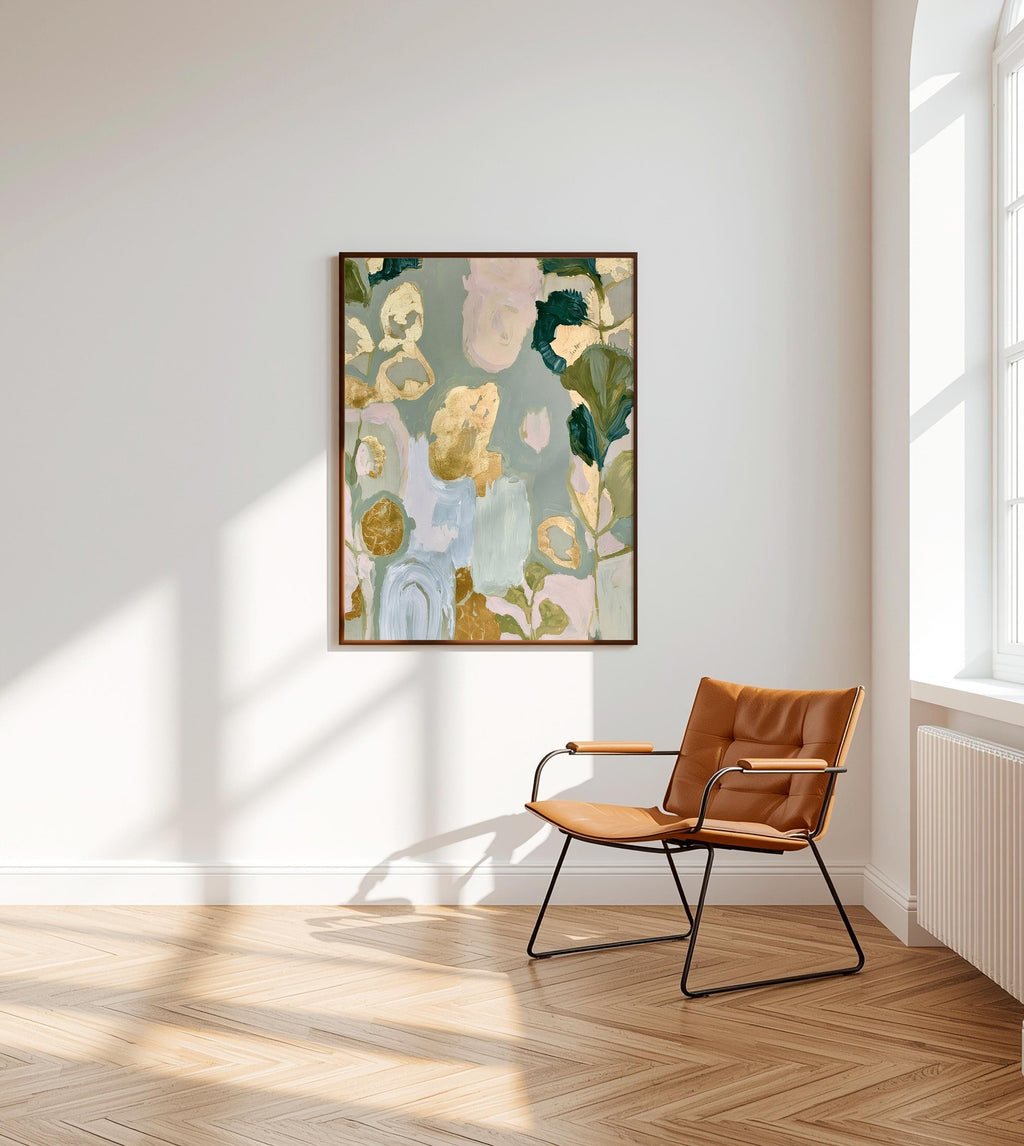 Sage Green Floral Art Print, Gold Abstract Botanical Painting, Soft Wall Decor