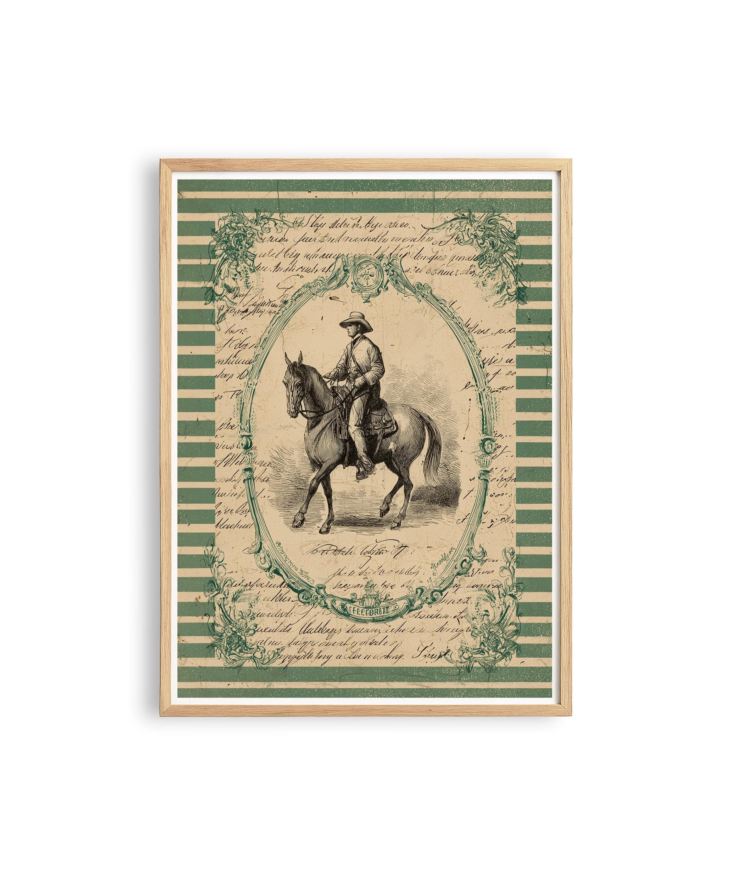 Vintage Western Art Print, Antique Cowboy Horse Poster, Sage Green Wall Decor