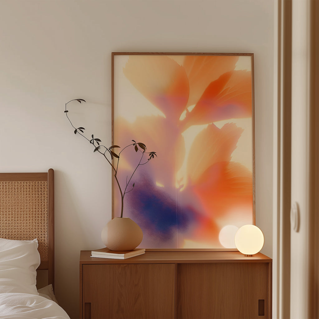 Soft orange and violet abstract floral with glowing gradient and blurred petals