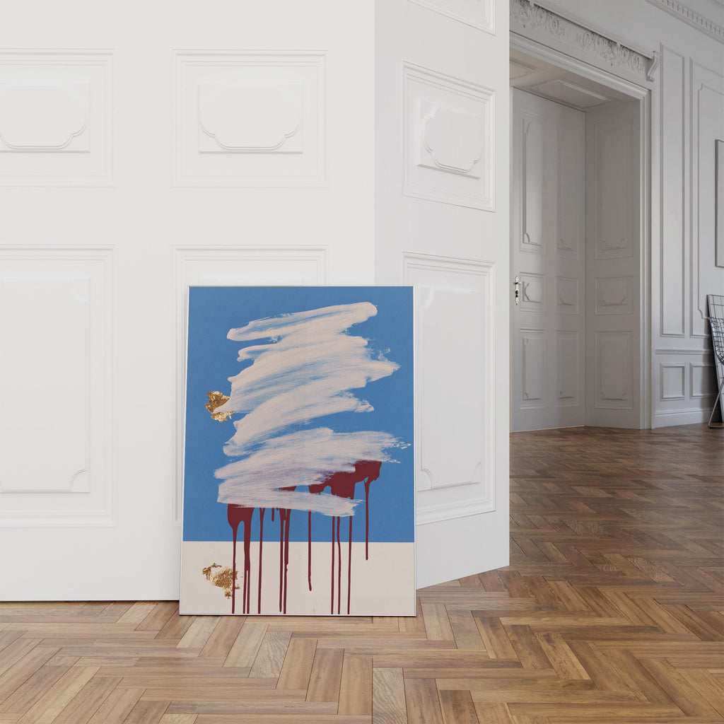 Blue Abstract Art Print, White Brush Stroke Red Drip Painting, Modern Gallery Decor