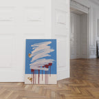 Blue Abstract Art Print, White Brush Stroke Red Drip Painting, Modern Gallery Decor