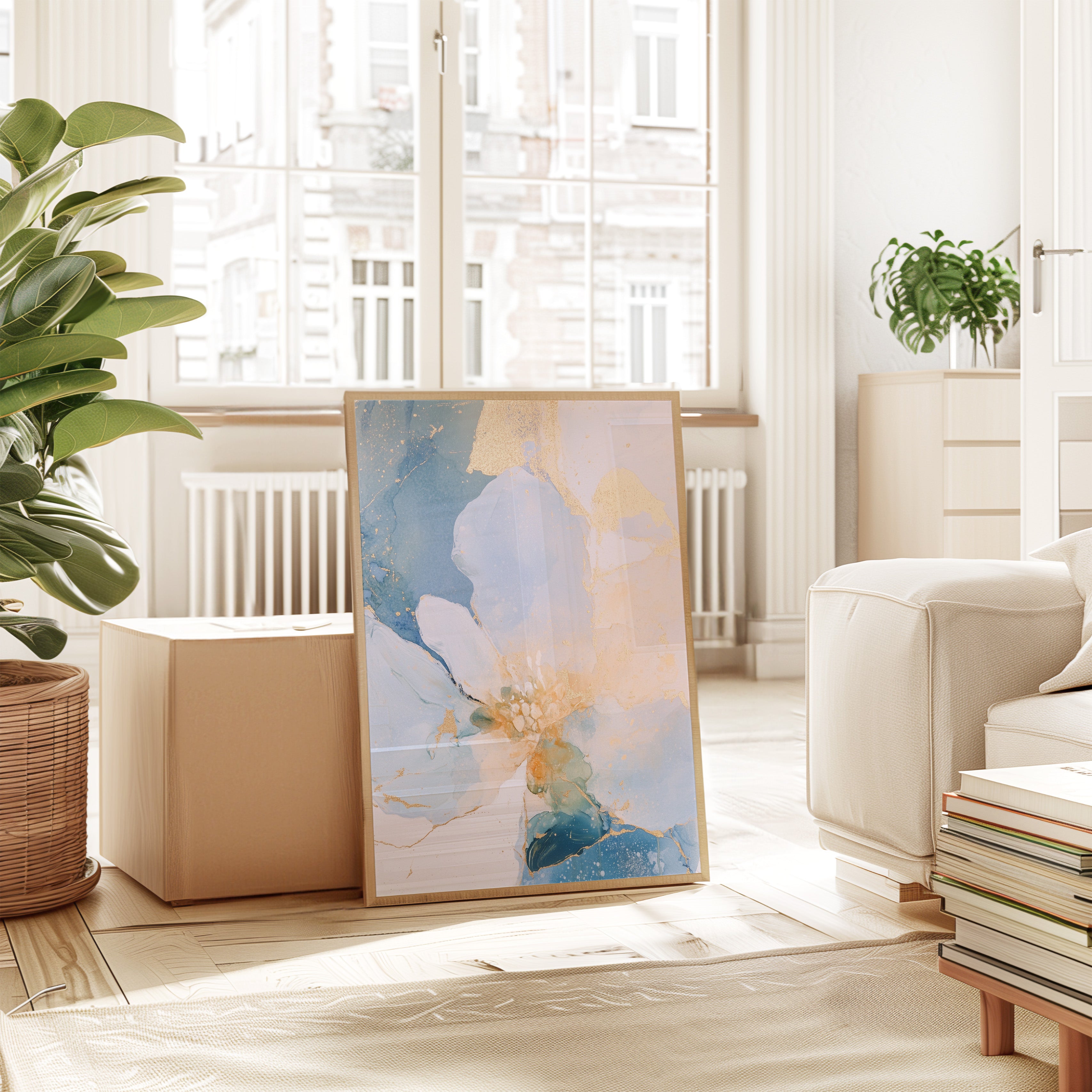 Blue & Gold Serene Bloom – Art Print