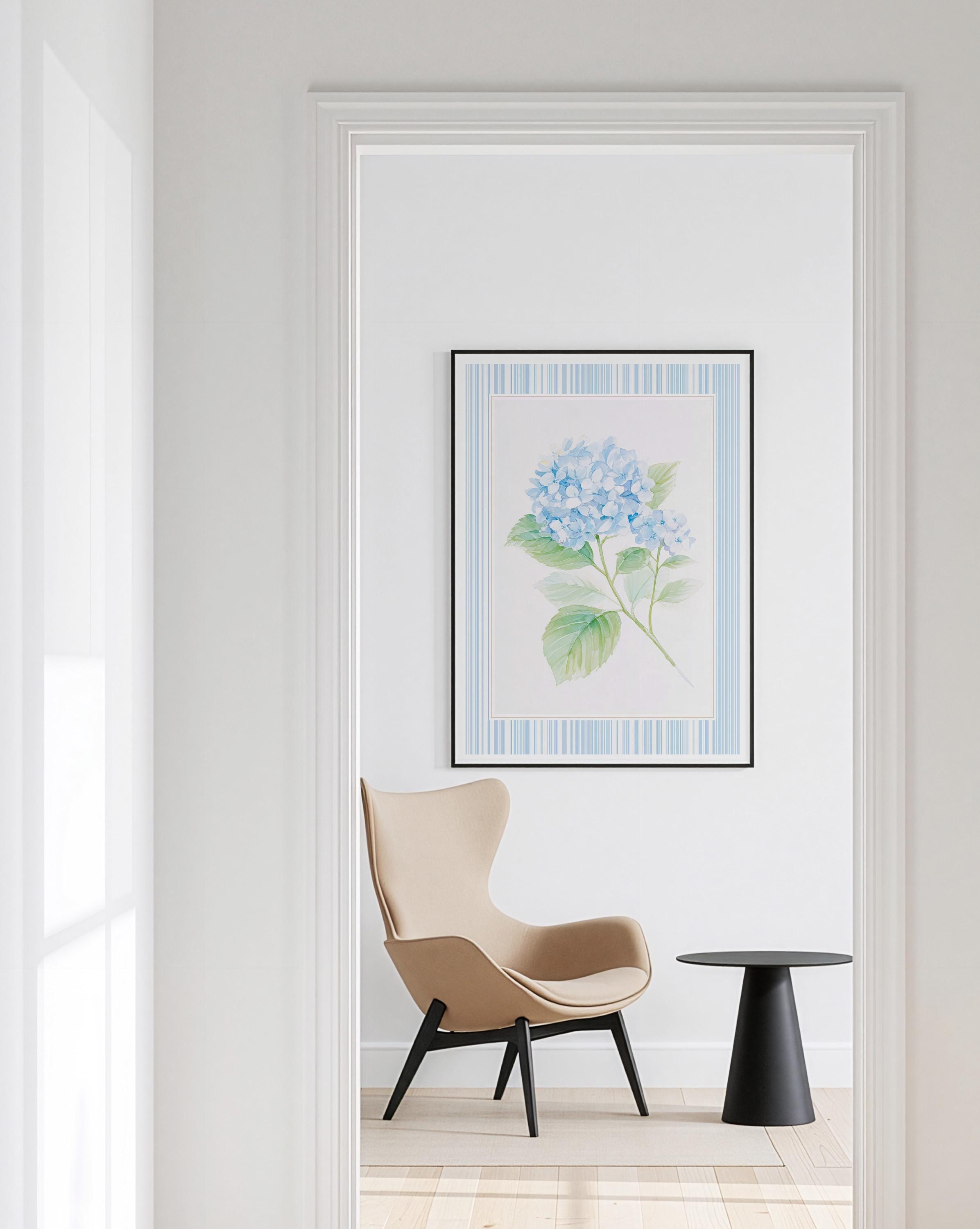 Watercolor Hydrangea Wall Art, Soft Blue Floral Print for Bedroom Decor