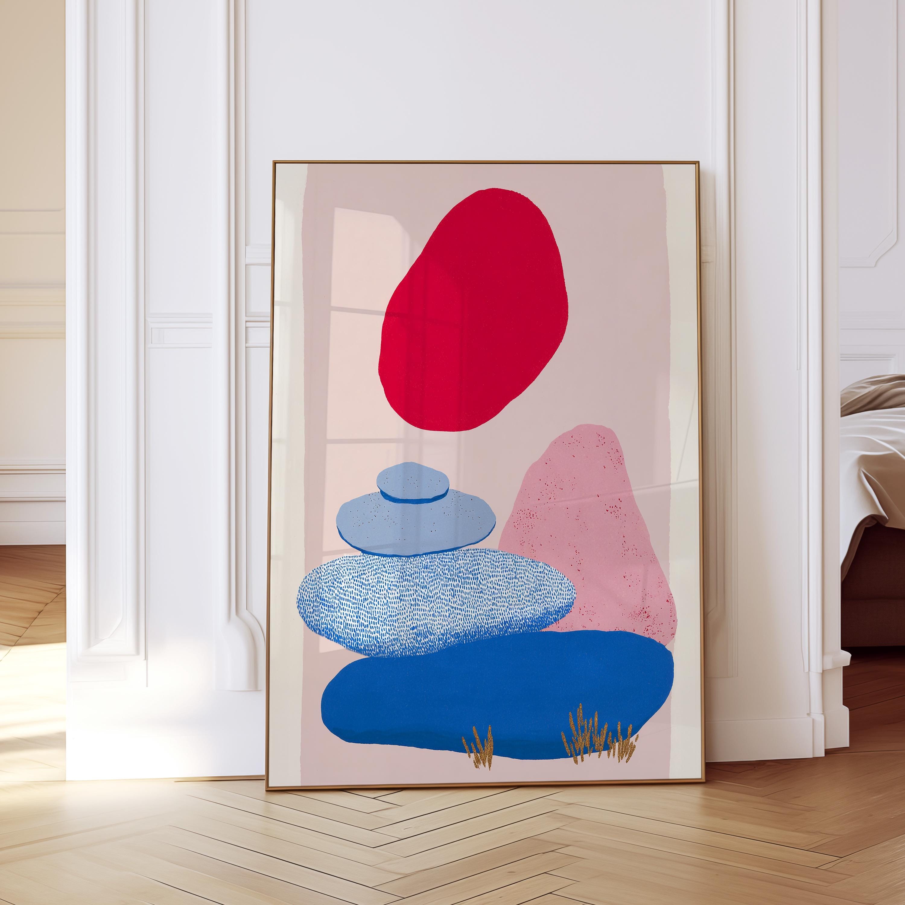 Abstract Landscape Art Print, Red Sun Blue Shapes, Boho Modern Wall Decor
