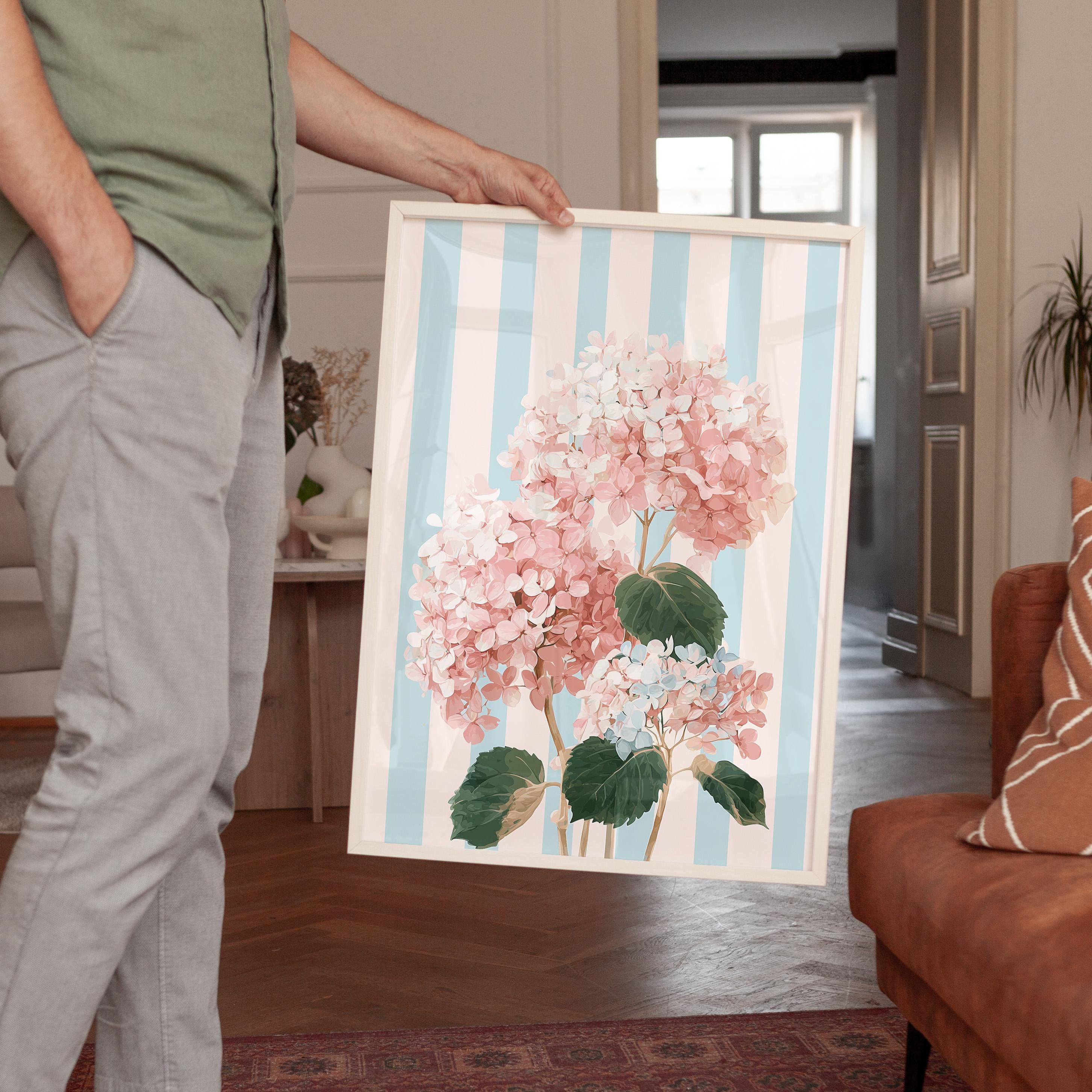 Pink Hydrangea Wall Art Print, Blue Stripe Floral Poster, Cottagecore Bedroom Decor, Vintage Botanical Digital Download