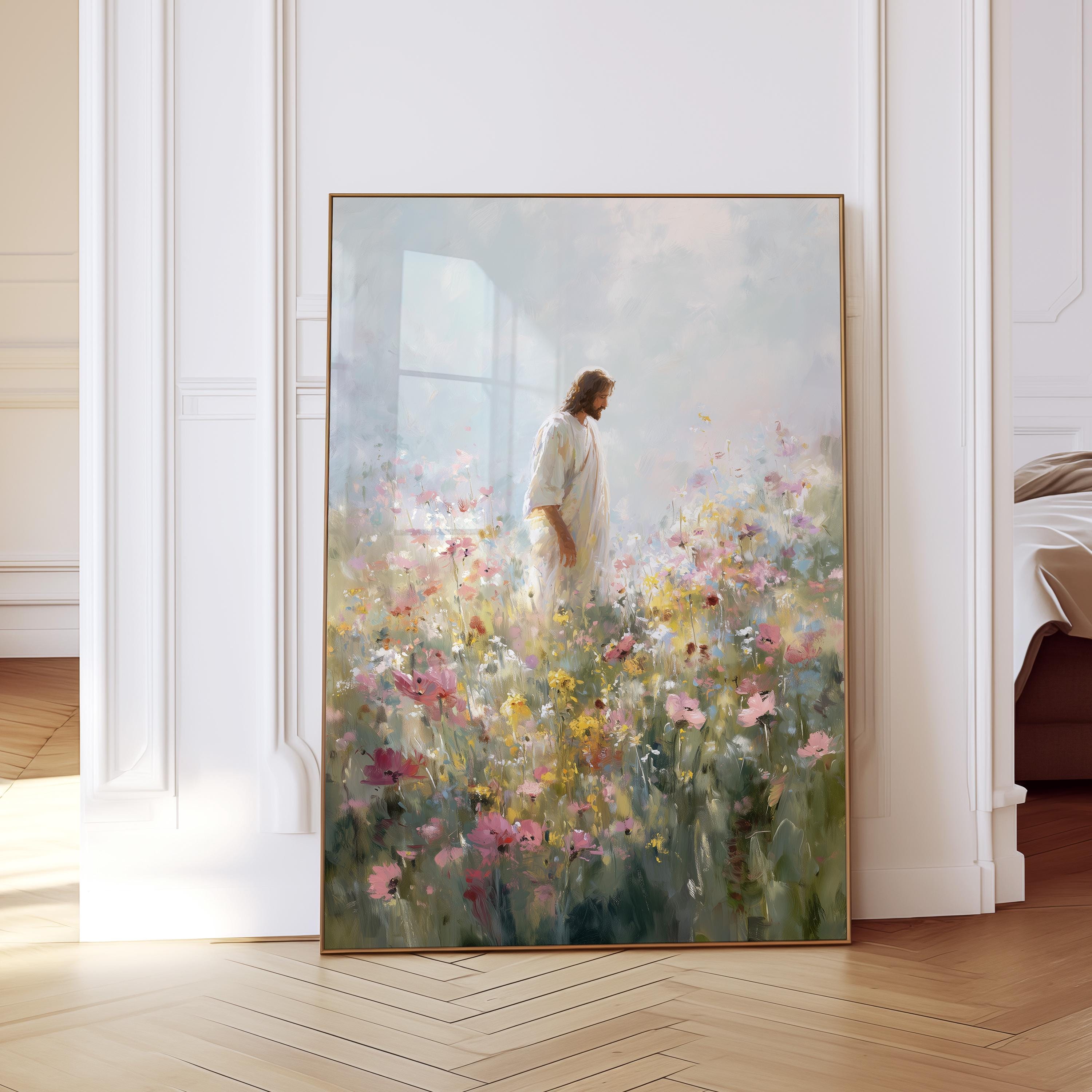 Jesus in Wildflower Field Print, Christian Wall Art, Faith Inspired Floral Painting, Bible Decor Printable Wall Art