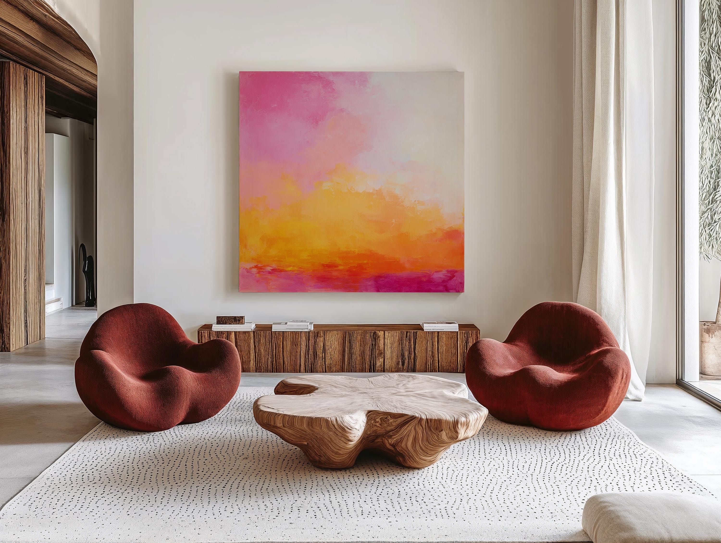 Pink Orange Abstract Sunset Art Print, Modern Landscape Painting, Warm Contemporary Artwork