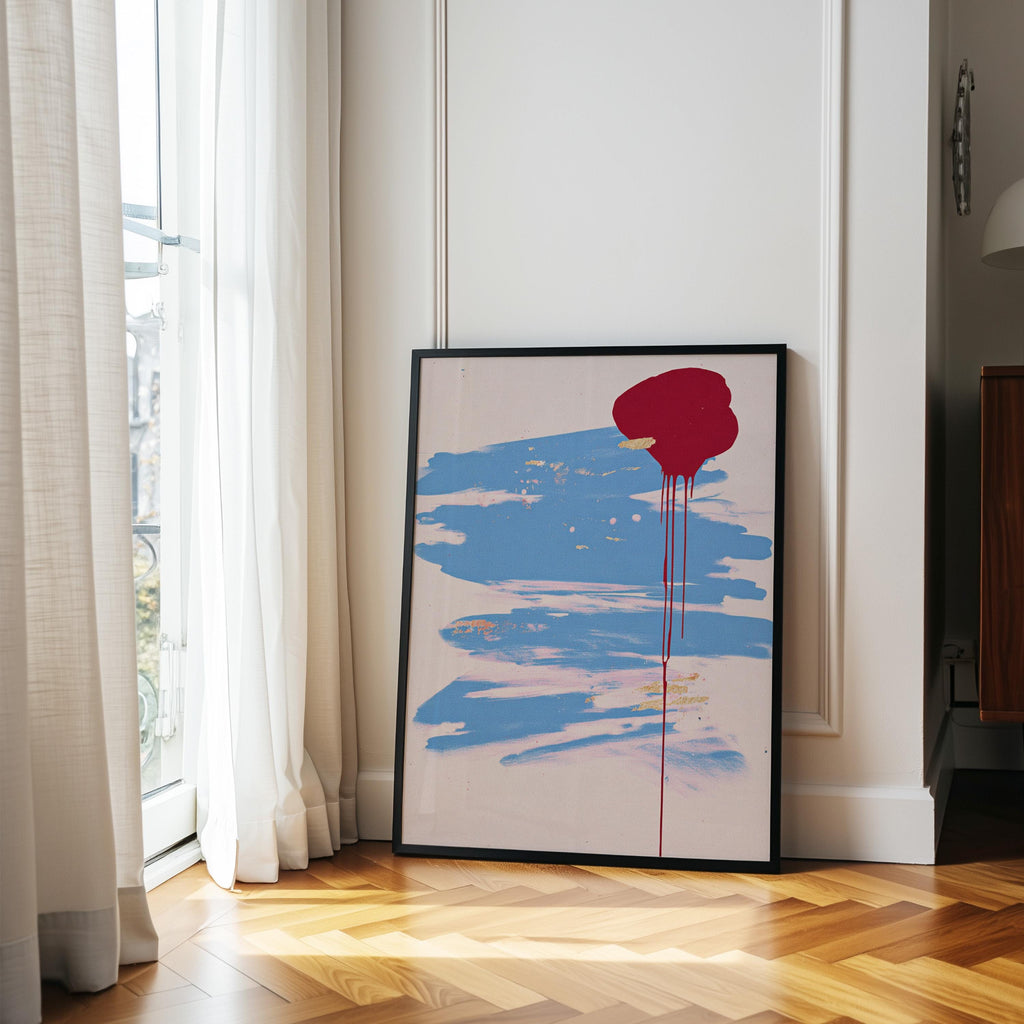 Abstract Art Print, Blue Brush Stroke Red Drip Painting, Modern Neutral Canvas Decor