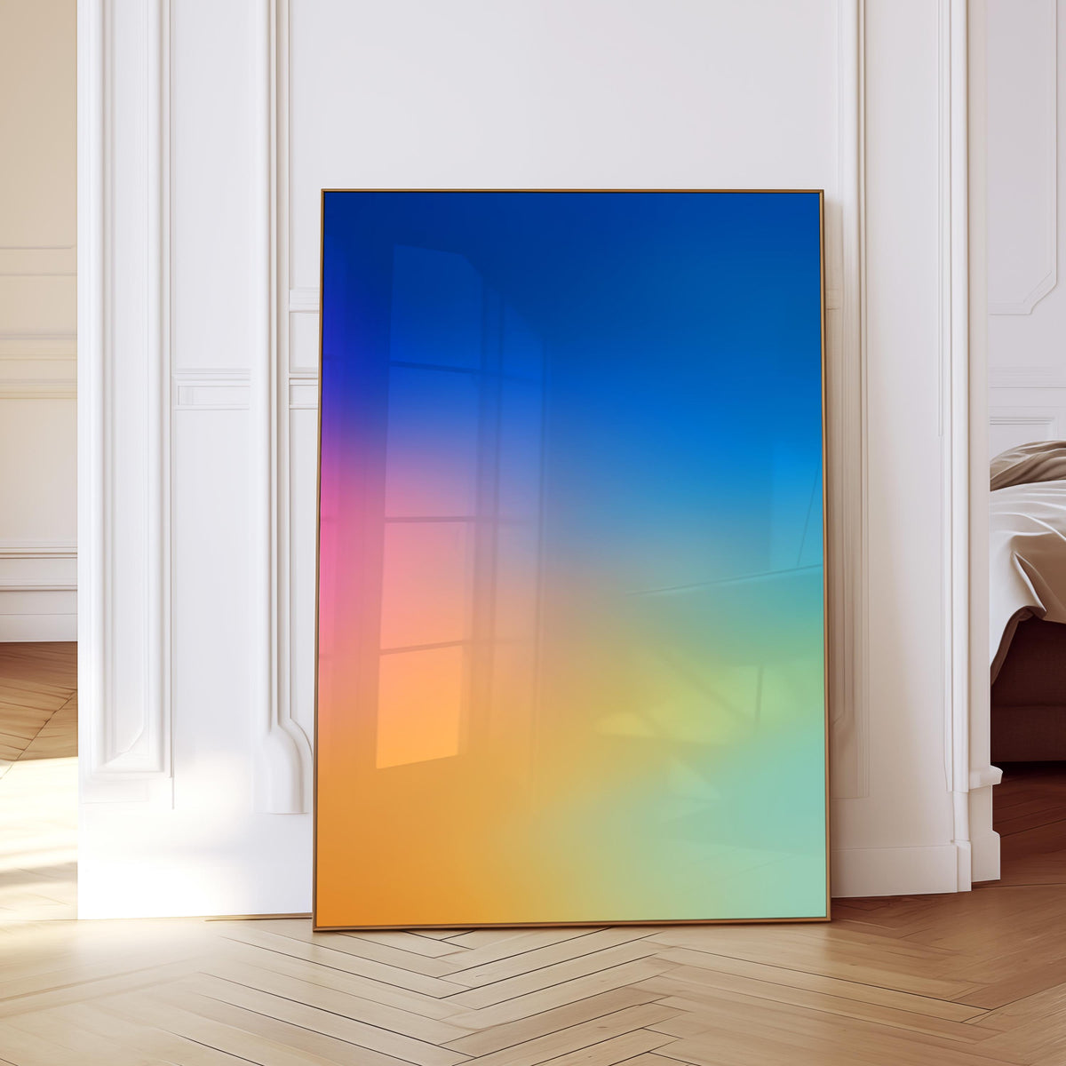 May include: A framed art print with a gradient of colors, transitioning from blue to pink, orange, yellow, and green. The artwork is displayed in a room with white walls and a wooden floor, creating a modern aesthetic.