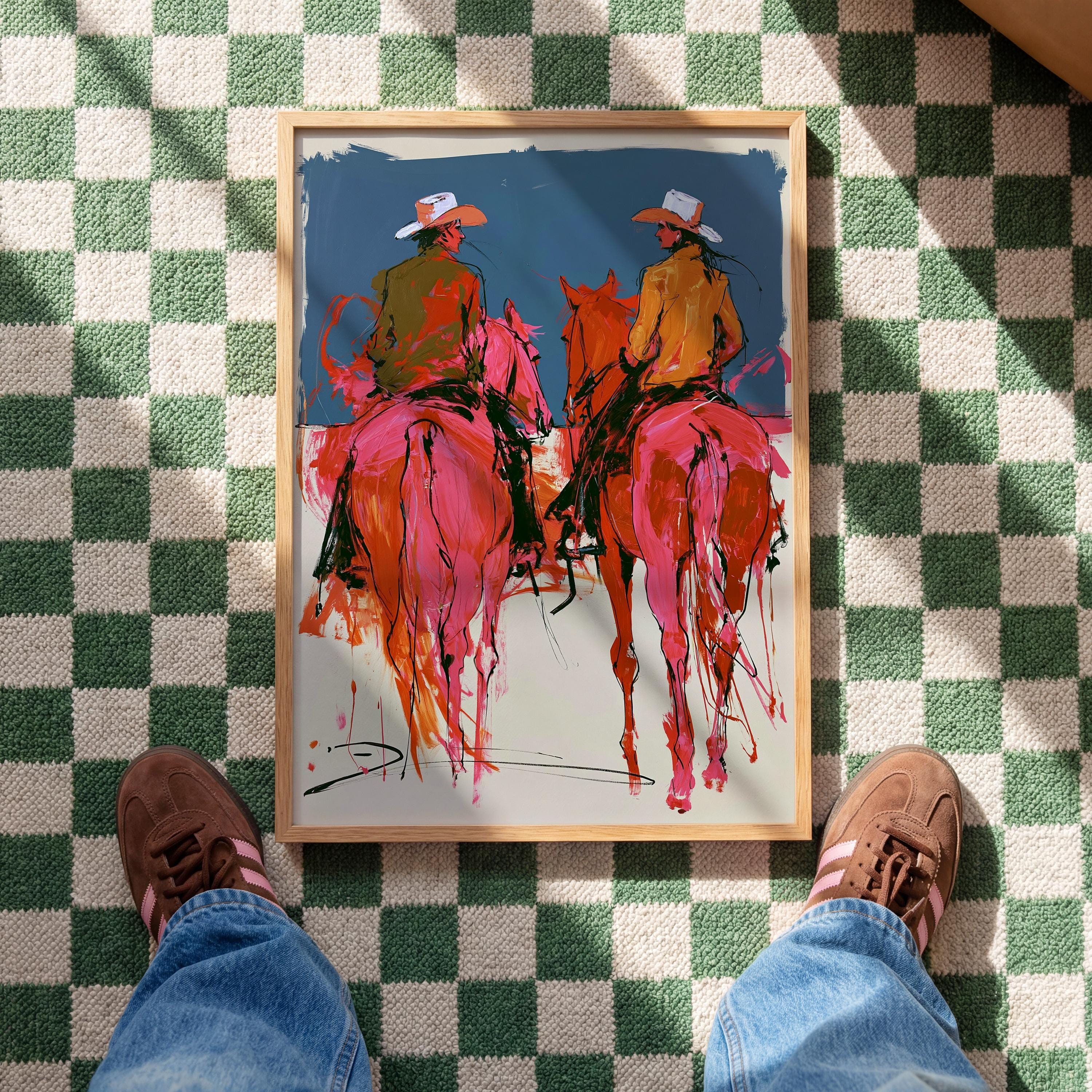 Western Wall Art Print, Cowboy Horse Poster, Modern Ranch Decor, Pink Rodeo Artwork Print