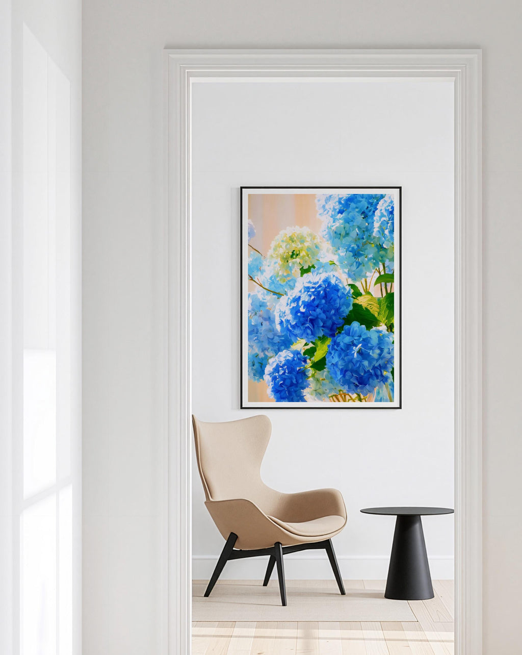 Blue Hydrangea Wall Art, Elegant Blue Floral Print for Living Room Decor