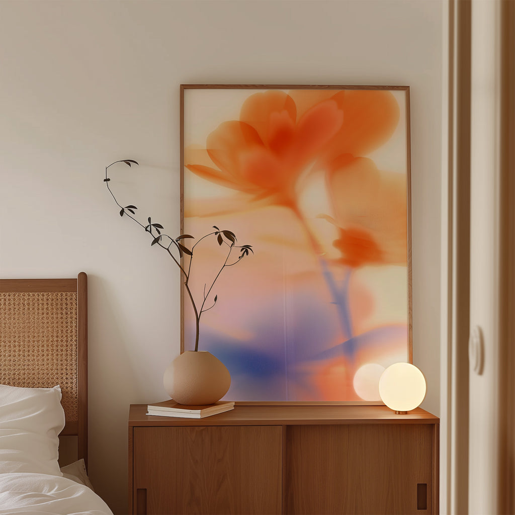 Abstract orange floral with violet shadows and soft sunset gradient