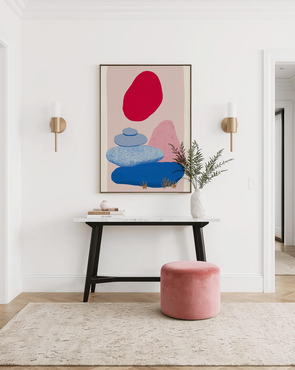 Abstract Landscape Art Print, Red Sun Blue Shapes, Boho Modern Wall Decor