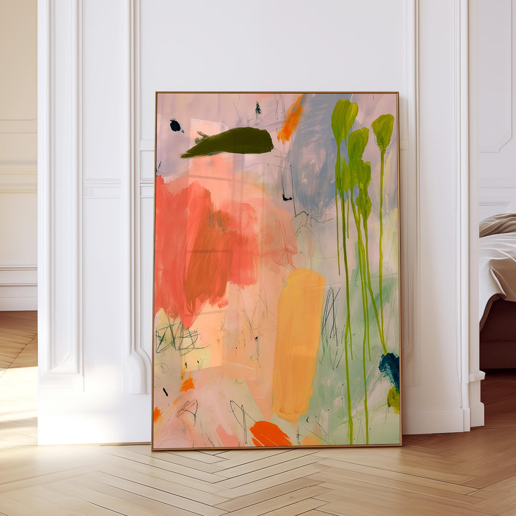 Pastel Abstract Art Print, Coral Green Painterly Poster, Soft Modern Wall Decor