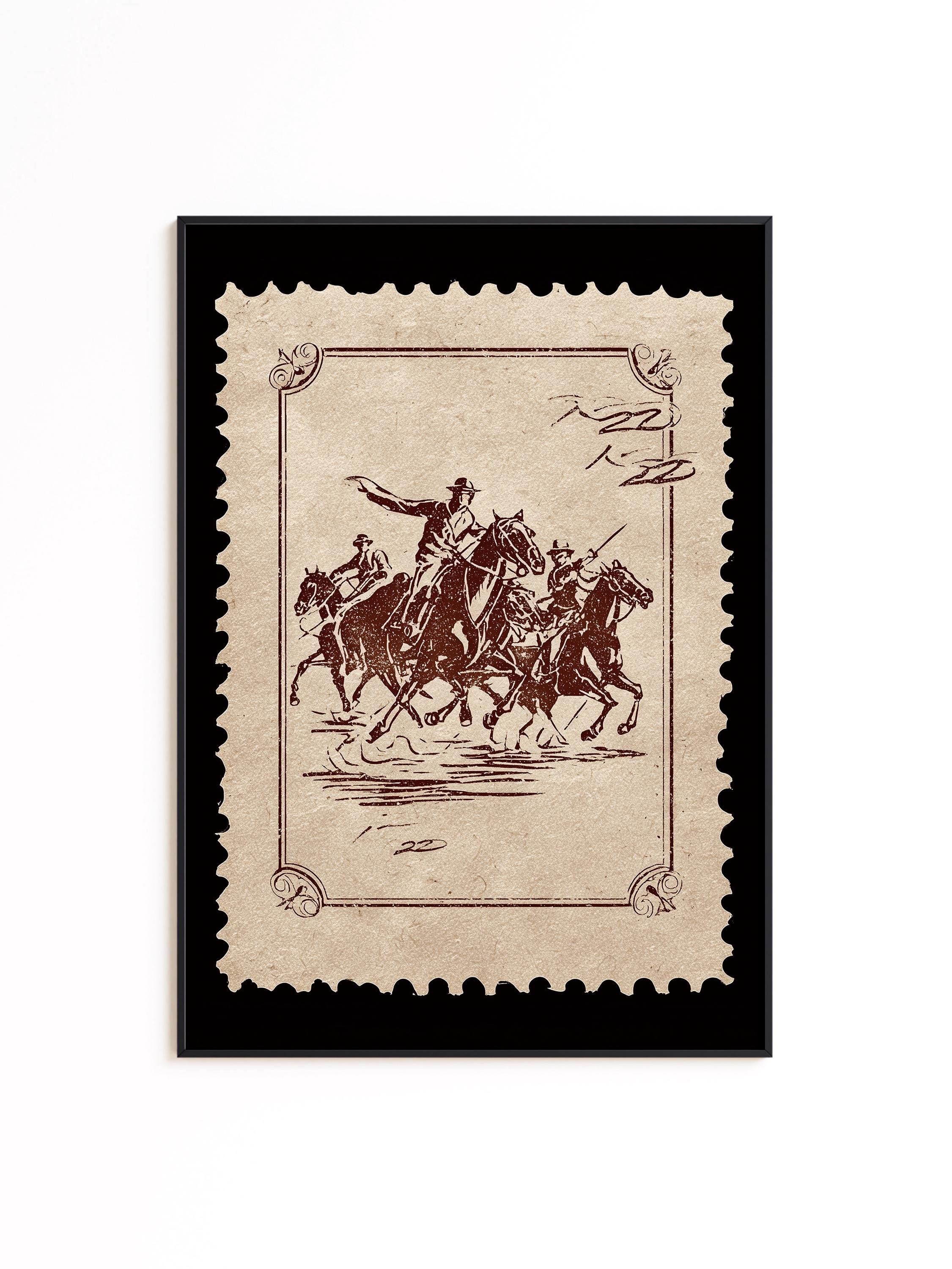 Vintage Cowboy Art Print, Western Stamp Poster, Black Sepia Ranch Decor