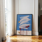 Blue Abstract Art Print, White Brush Stroke Red Drip Painting, Modern Gallery Decor