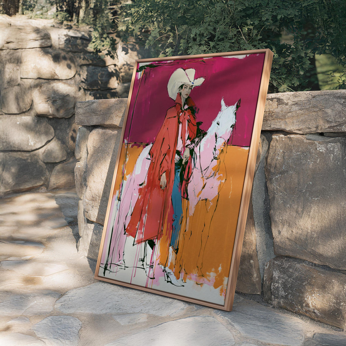 Western Wall Art, Red Cowgirl Print, White Horse Wall Art, Pink Western Decor