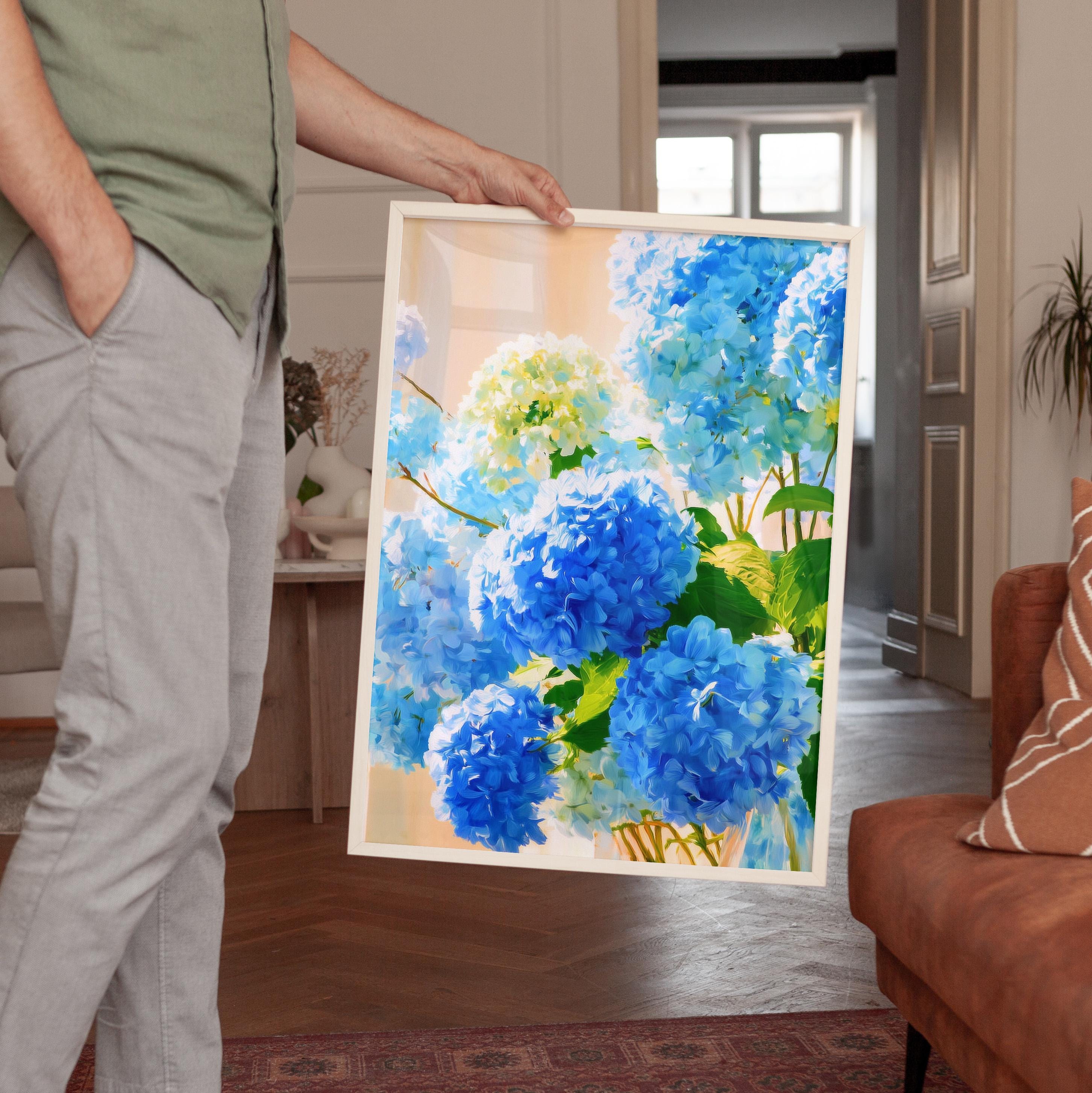 Blue Hydrangea Wall Art, Elegant Blue Floral Print for Living Room Decor
