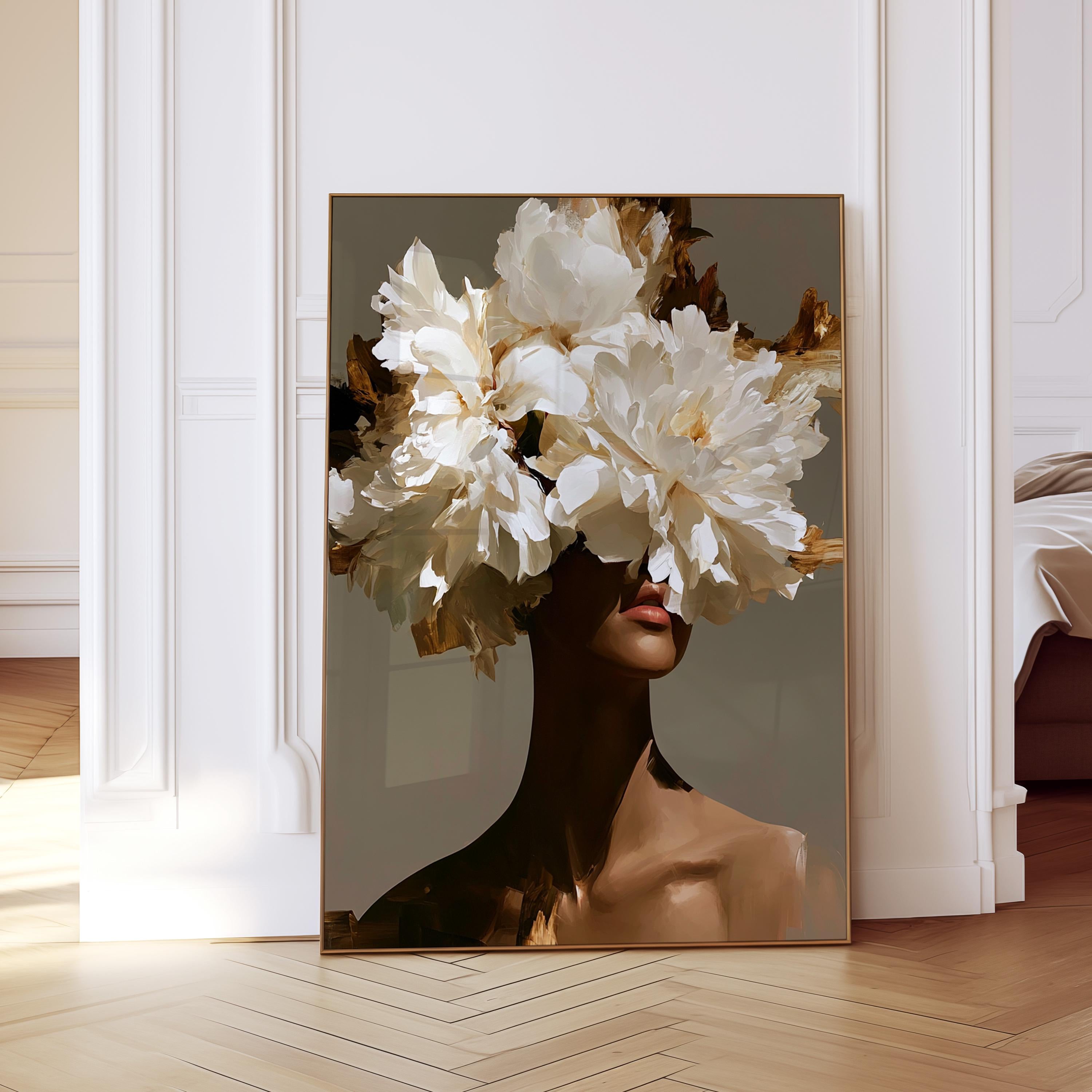 Black Woman Art Print, White Floral Portrait Poster, Elegant Wall Decor