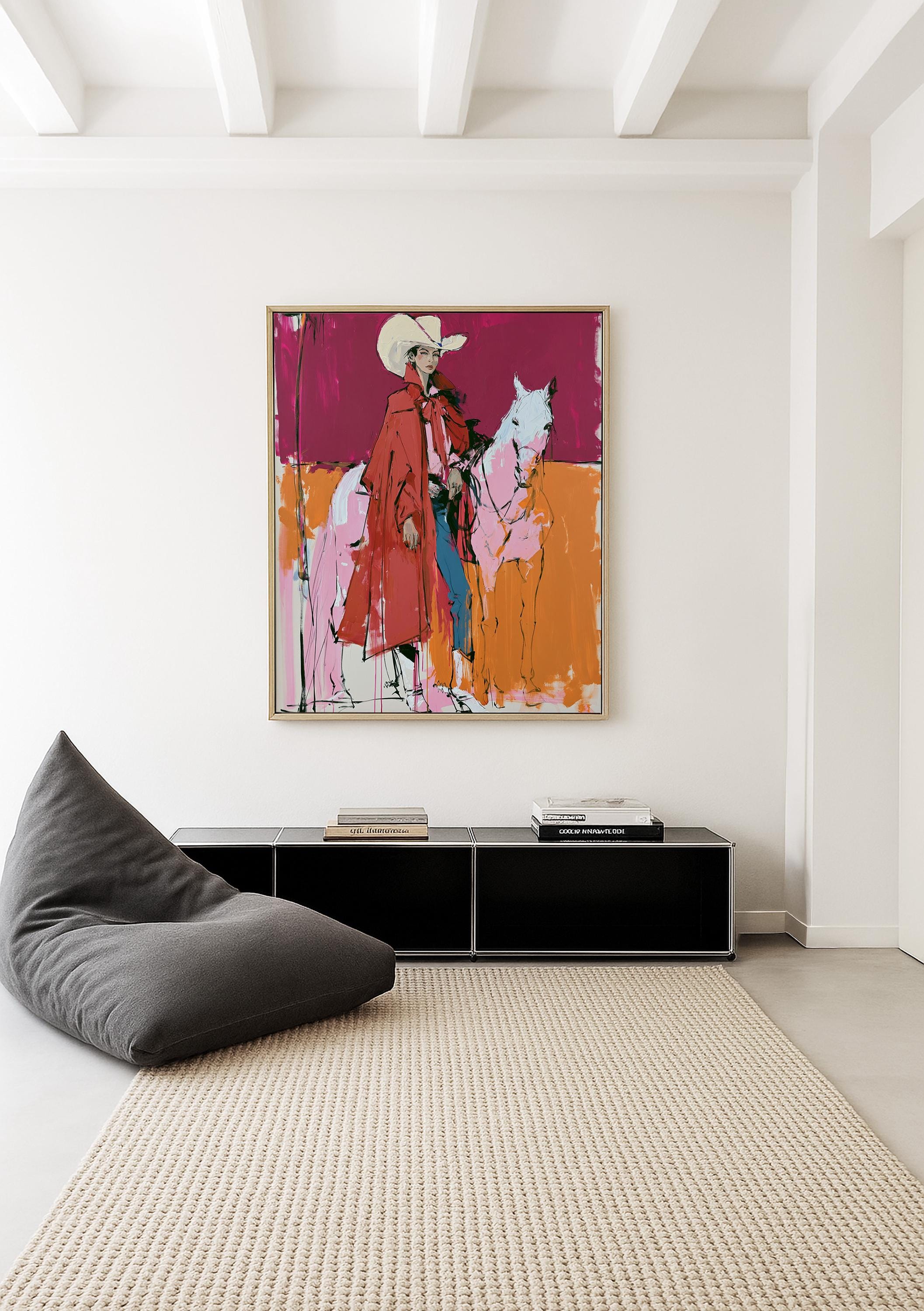 Western Wall Art, Red Cowgirl Print, White Horse Wall Art, Pink Western Decor