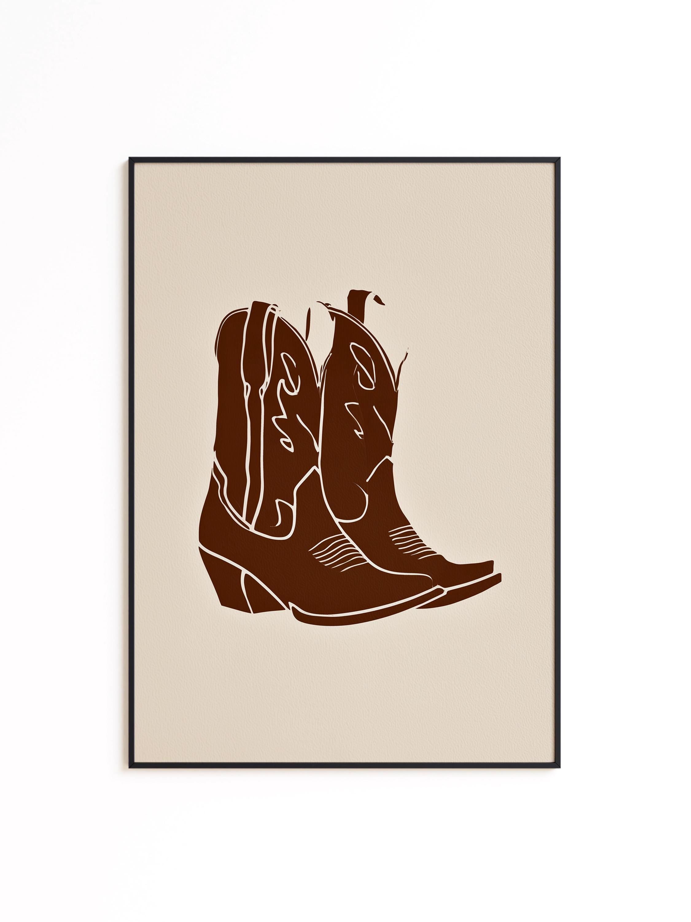 Cowboy Boot Art Print, Brown Western Wall Decor, Minimal Cowgirl Poster