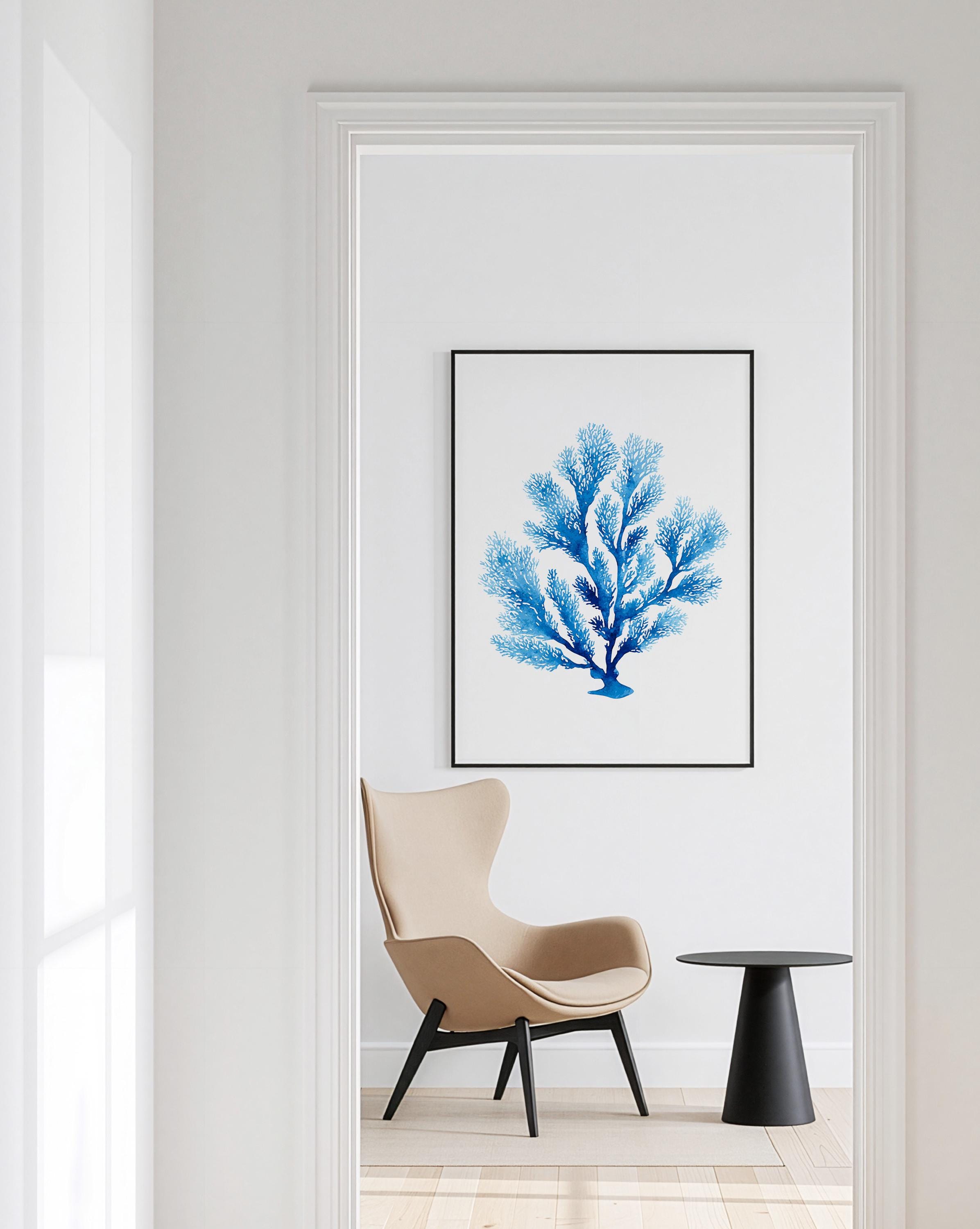 Blue Coral Wall Art Print, Coastal Wall Decor, Beach House Printable Art, Nautical Bathroom Decor, Ocean Inspired Minimalist Art
