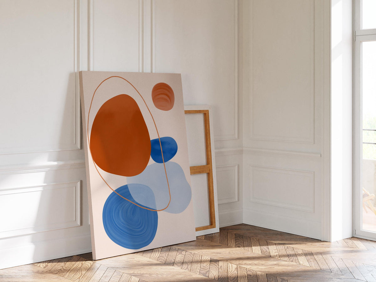 Orange Blue Abstract Art Print, Mid Century Modern Poster, Geometric Wall Decor