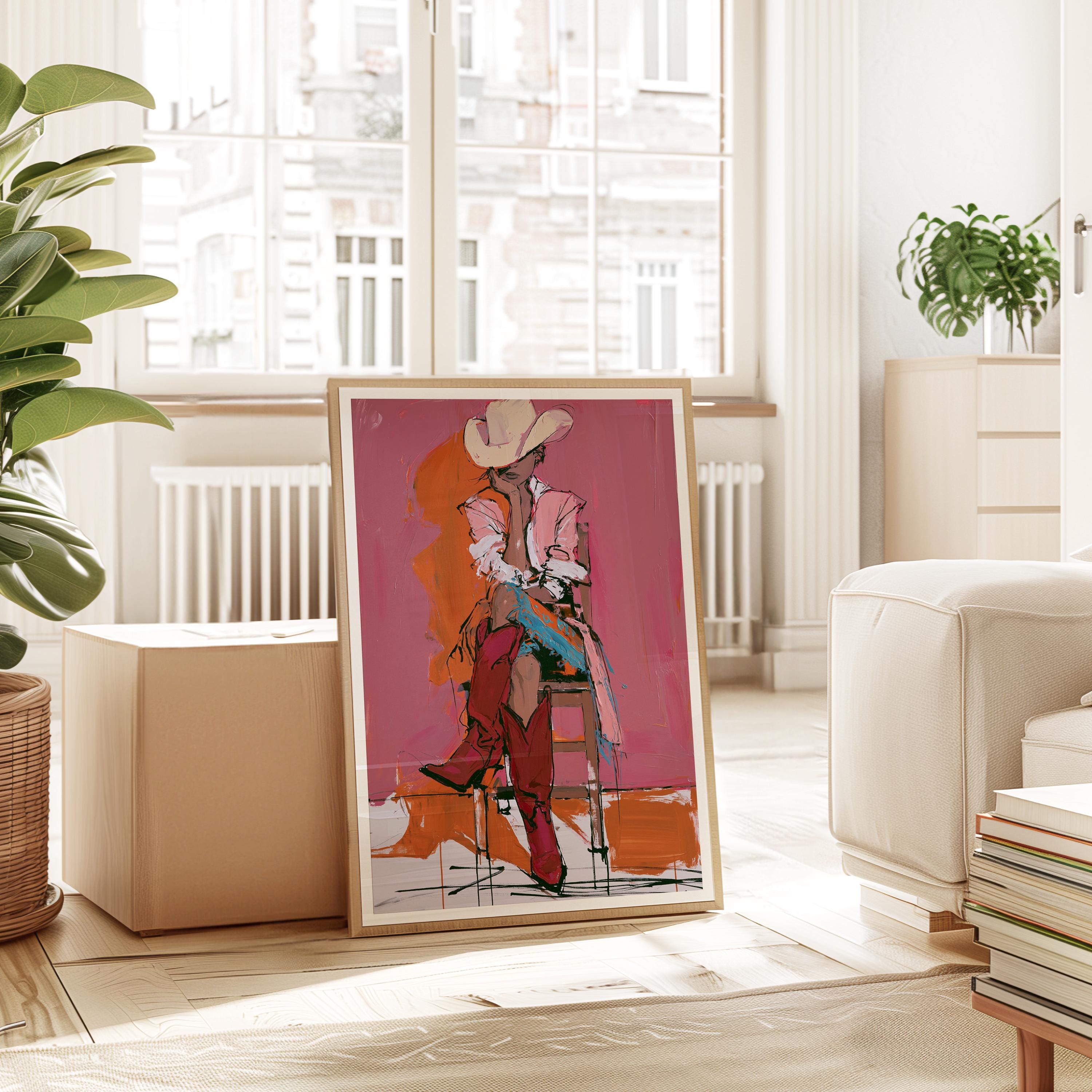 Western Cowgirl Art Print, Pink Cowgirl Wall Decor, Modern Rodeo Painting