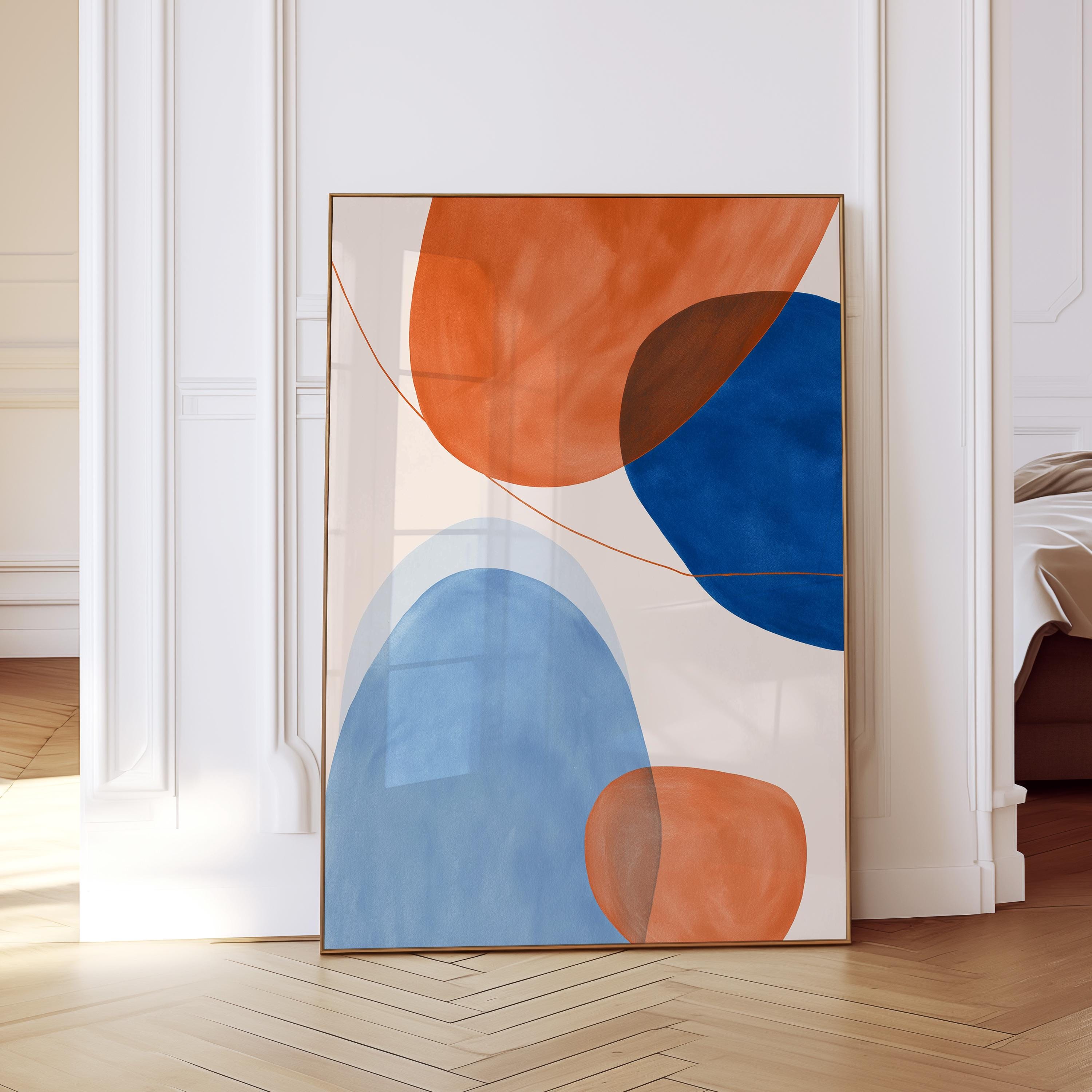 Orange Blue Abstract Art Print, Mid Century Modern Geometric Wall Decor