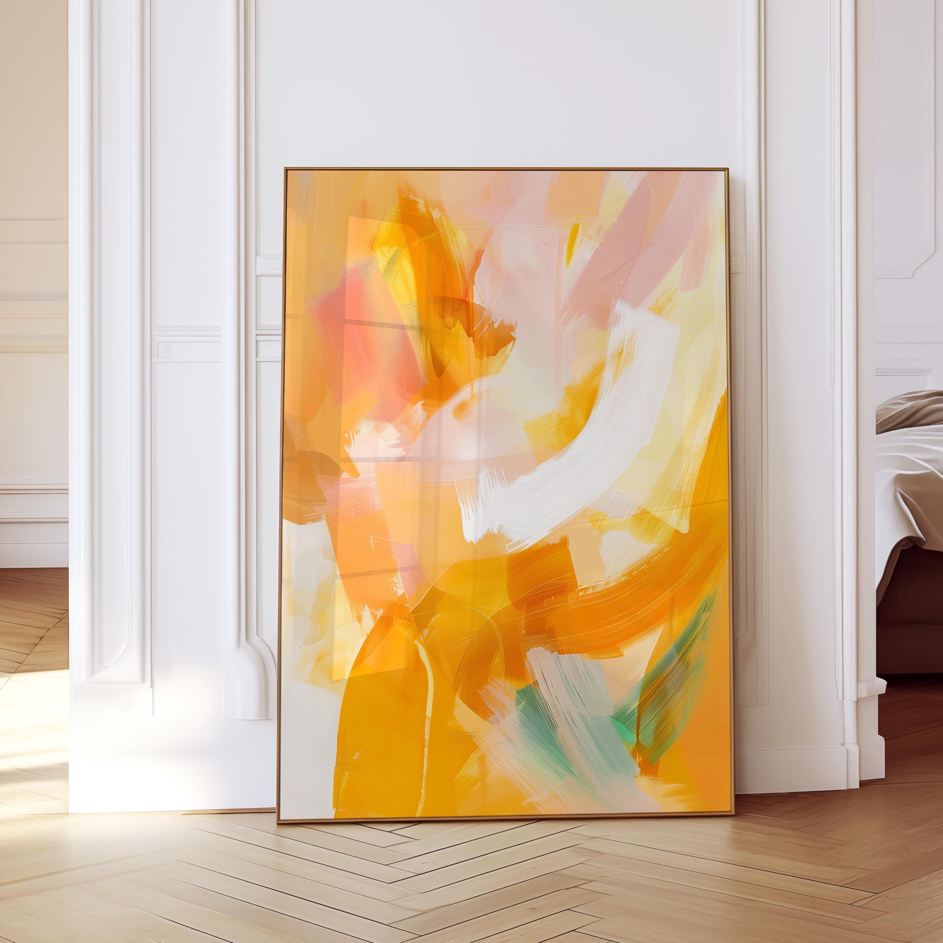 Yellow Orange Abstract Wall Art, Warm Brushstroke Print, Modern Painterly Decor