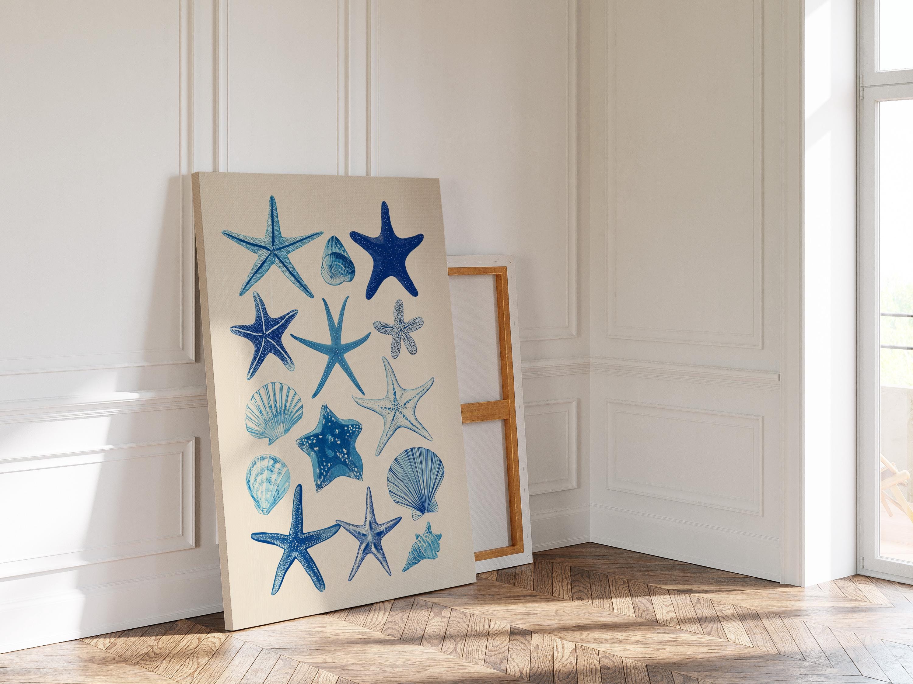 Starfish Wall Art Print, Blue Seashell Poster, Coastal Bathroom Decor