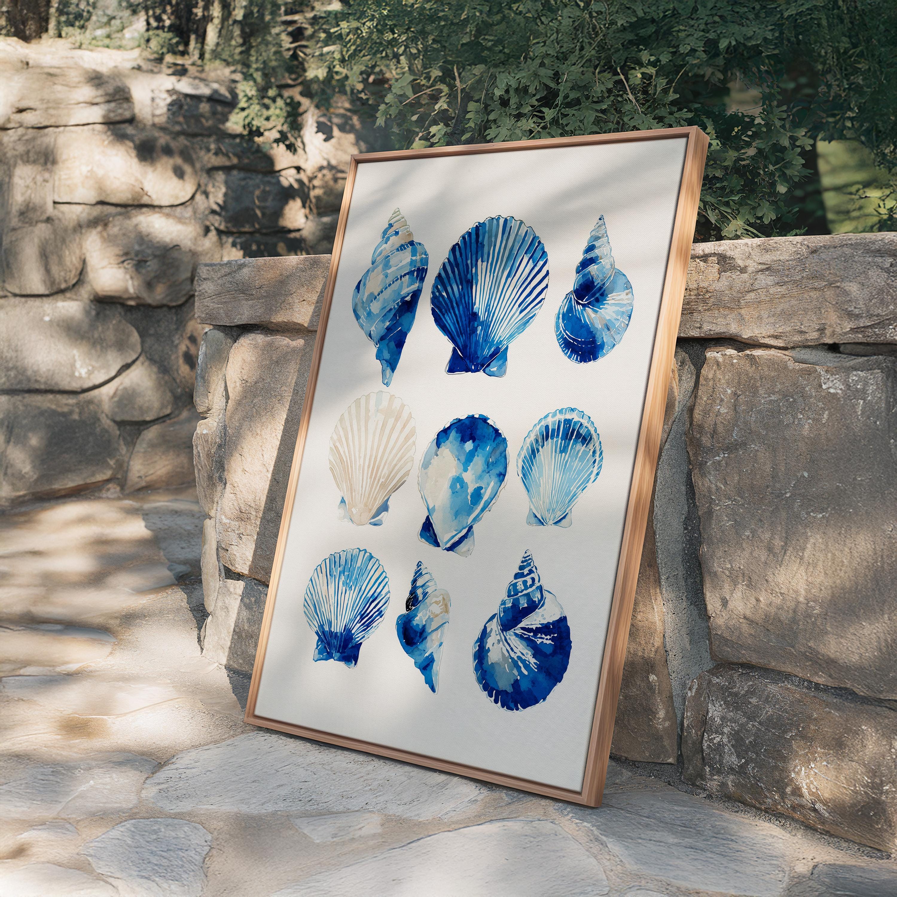 Blue Seashell Art Print, Coastal Bathroom Poster, Ocean Shell Wall Decor