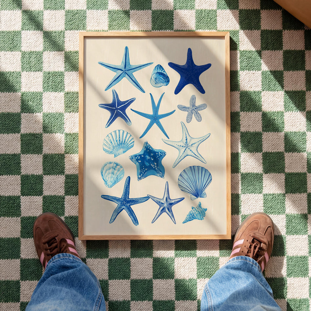 Starfish Wall Art Print, Blue Seashell Poster, Coastal Bathroom Decor