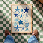 Starfish Wall Art Print, Blue Seashell Poster, Coastal Bathroom Decor