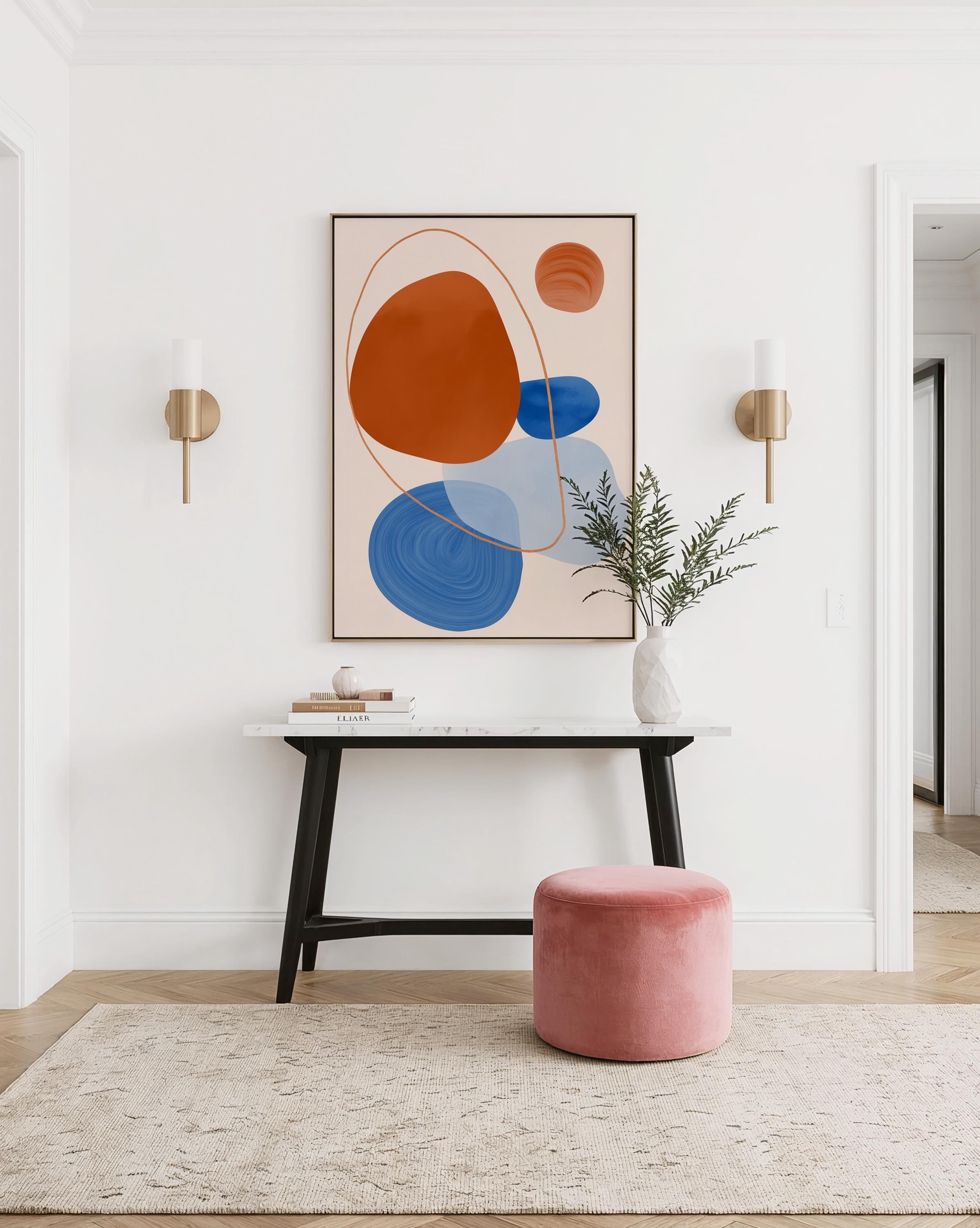 Orange Blue Abstract Art Print, Mid Century Modern Poster, Geometric Wall Decor