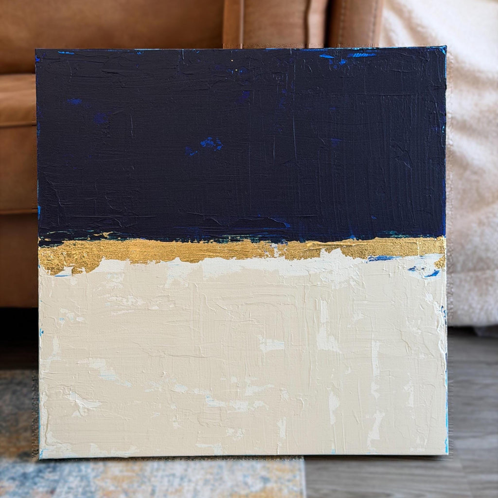 Original Acrylic Painting, Navy Blue Cream Abstract Canvas Art, Gold Leaf Wall Art, Minimalist Modern Painting