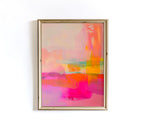 May include: Abstract art print in a gold frame. The artwork features a vibrant mix of colors, including pink, orange, yellow, and teal. The brushstrokes create a dynamic and energetic composition, perfect for adding a pop of color to any space.