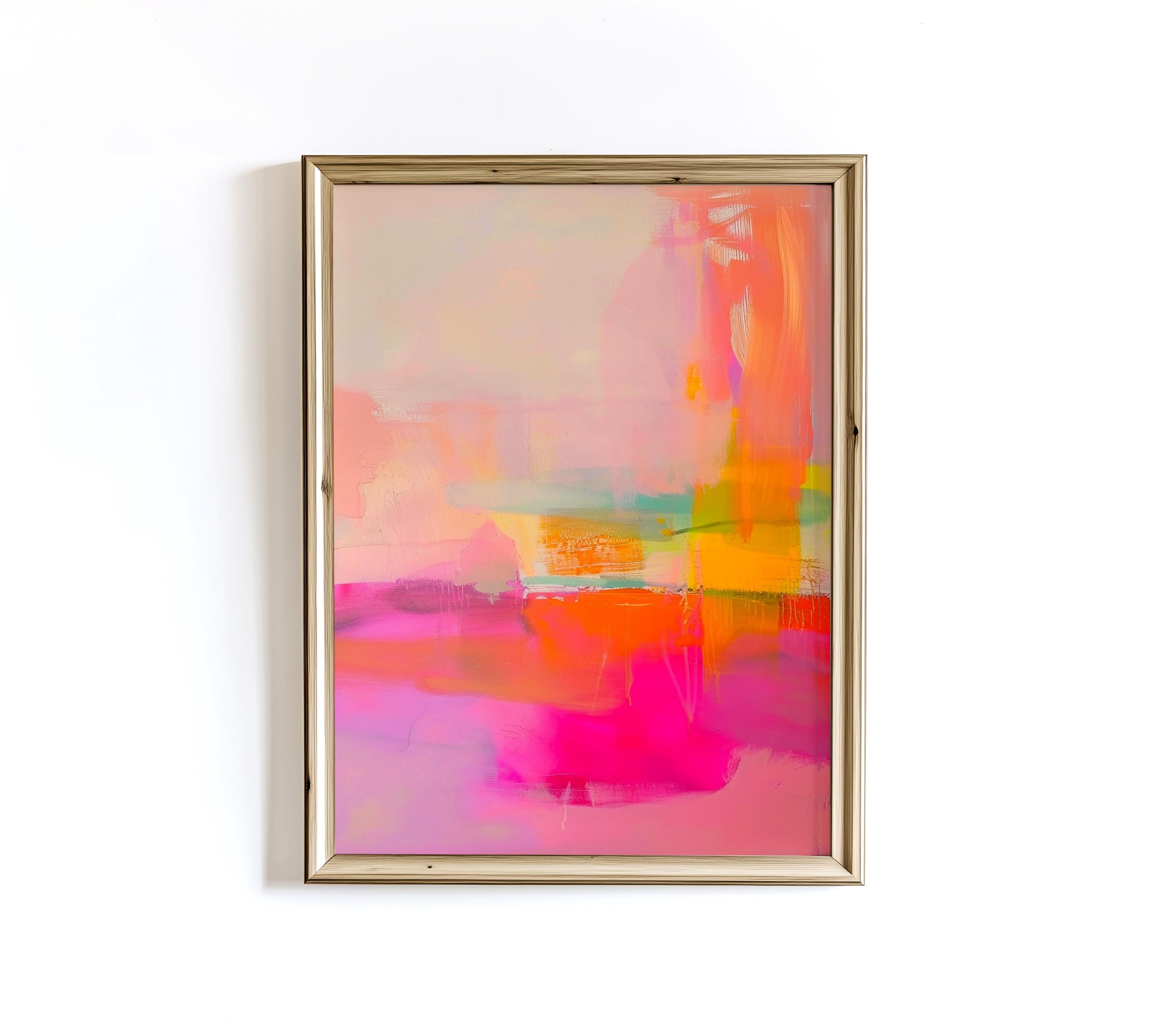 May include: Abstract art print in a gold frame. The artwork features a vibrant mix of colors, including pink, orange, yellow, and teal. The brushstrokes create a dynamic and energetic composition, perfect for adding a pop of color to any space.