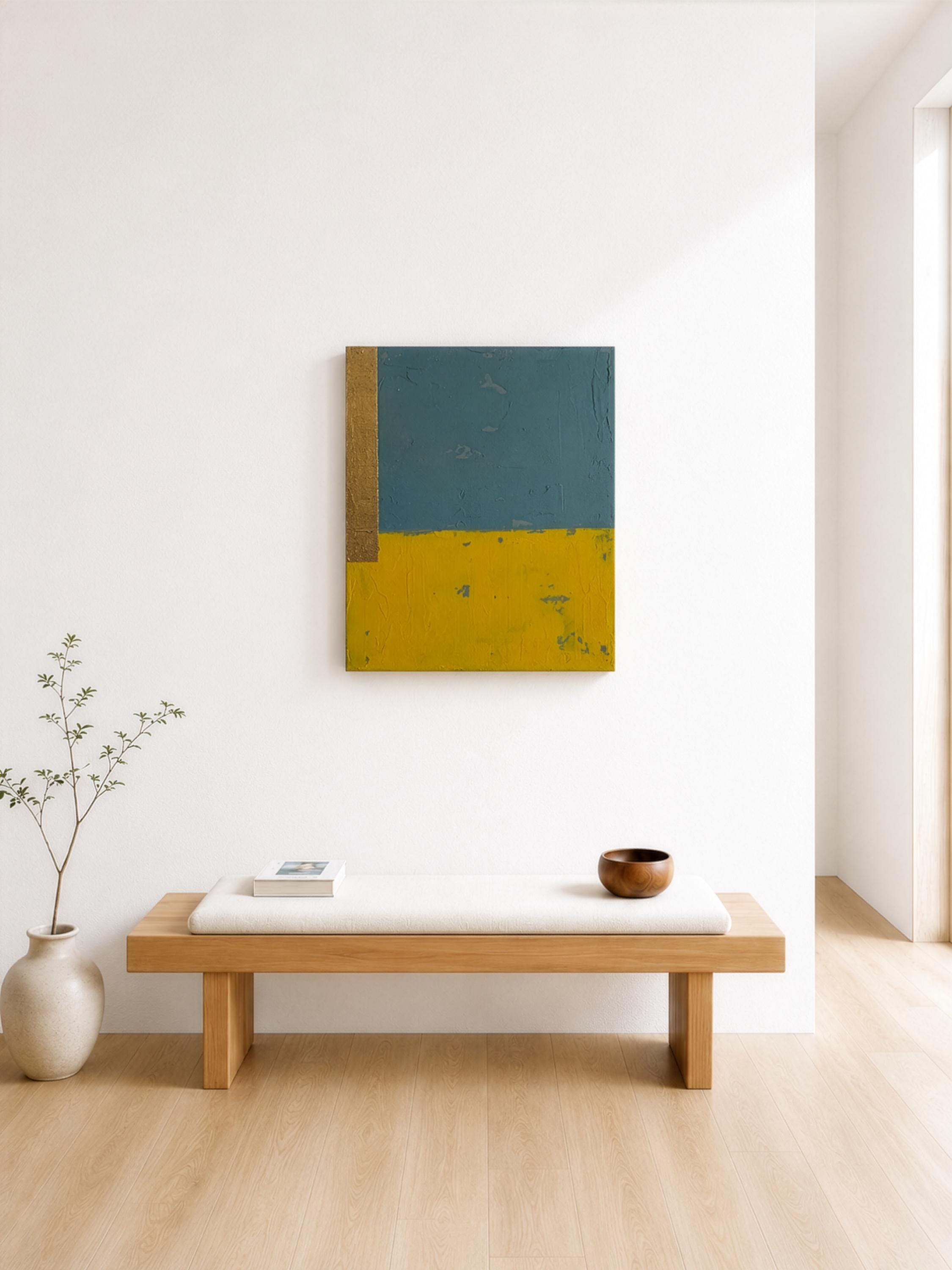 Original Abstract Painting, Teal Mustard Color Block Art, Gold Accent Canvas