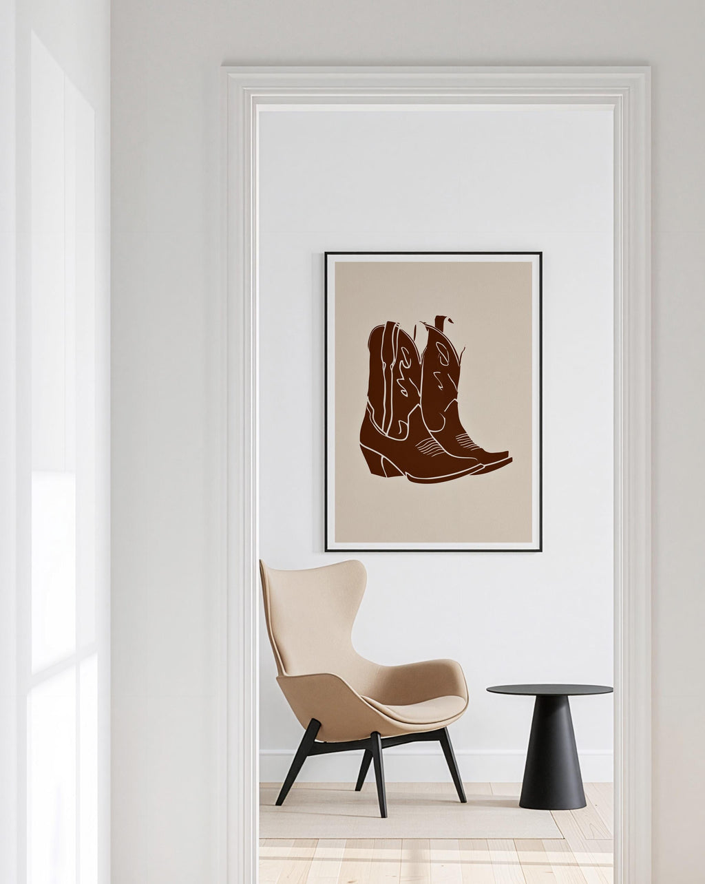 Cowboy Boot Art Print, Brown Western Wall Decor, Minimal Cowgirl Poster