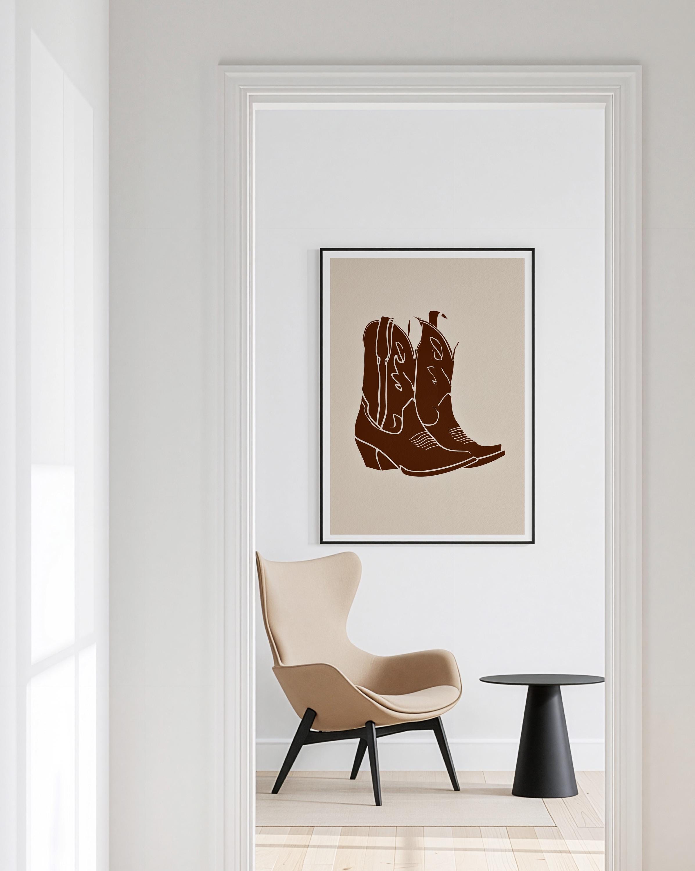 Cowboy Boot Art Print, Brown Western Wall Decor, Minimal Cowgirl Poster