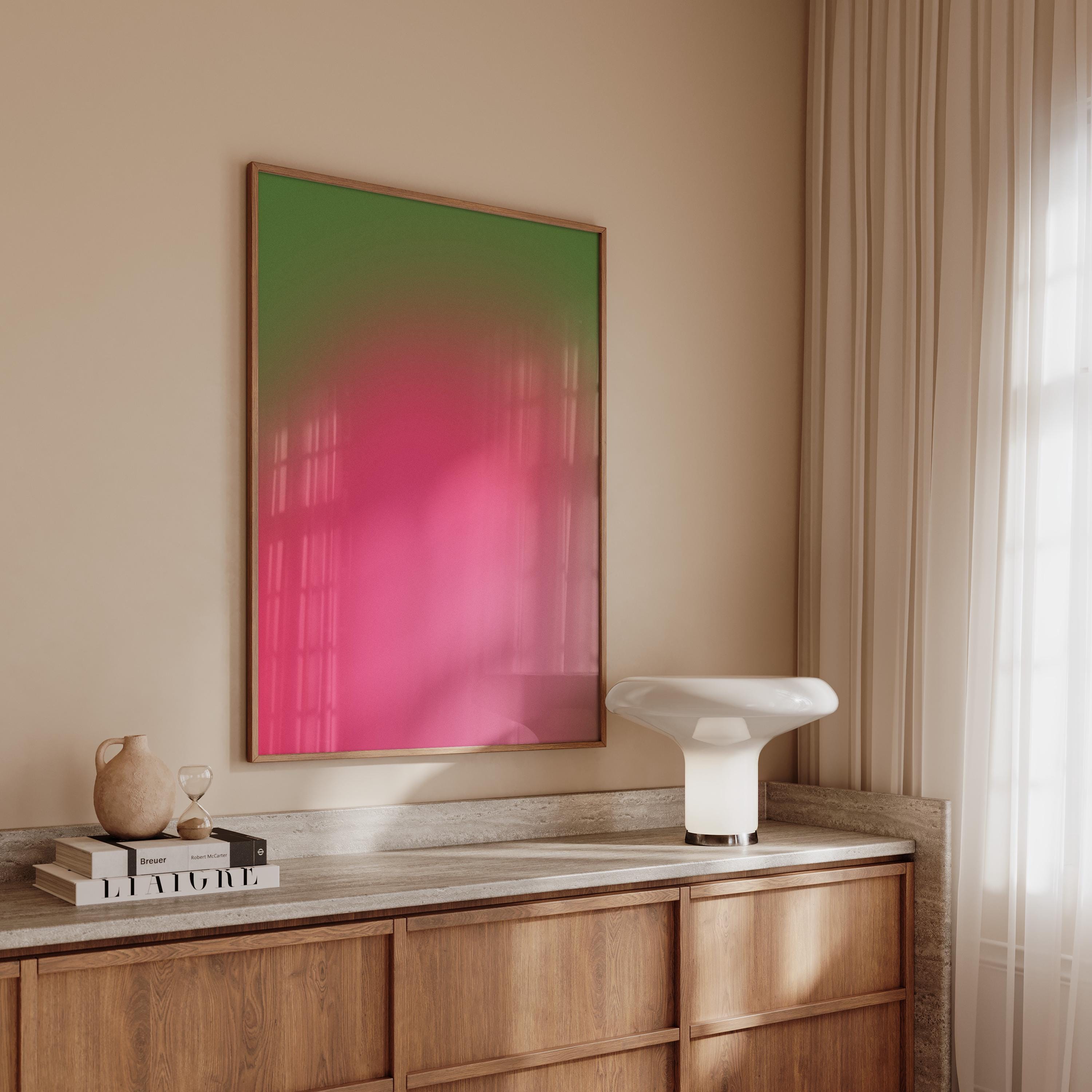 Green Gradient Art Print, Pink Abstract Poster, Vintage Grain Wall Decor