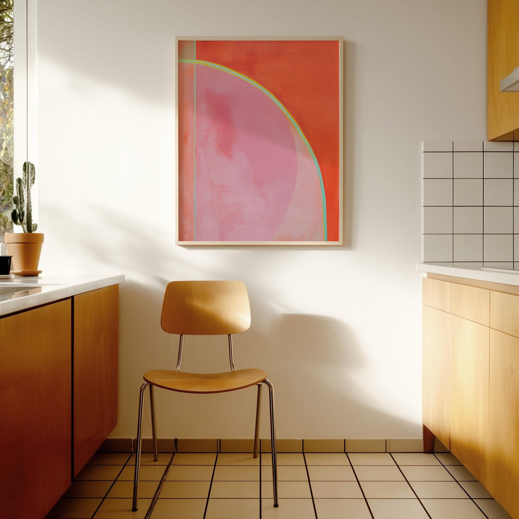 Mid Century Abstract Print, Coral Pink Geometric Line Art, Modern Wall Decor