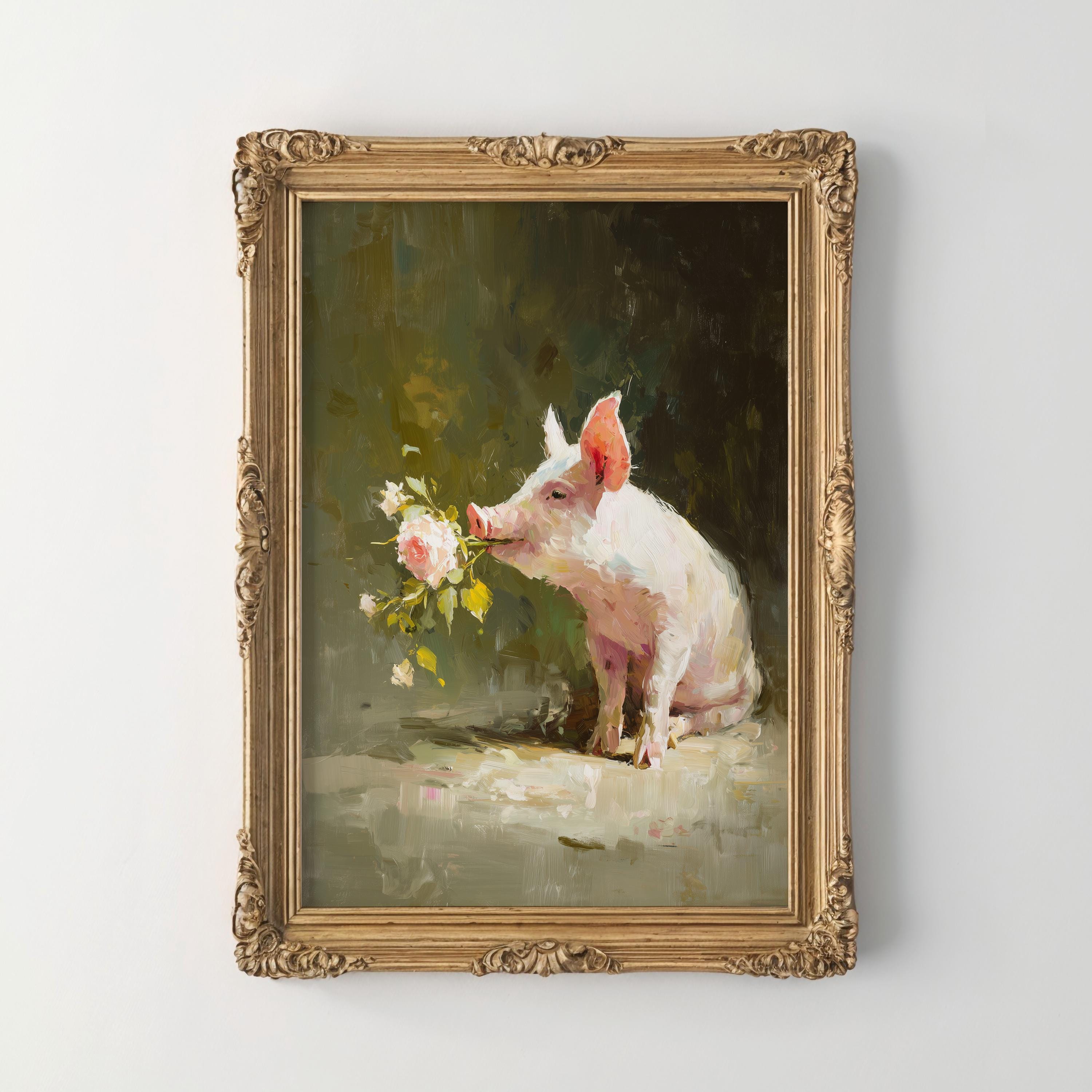 Pig Wall Art Print, Floral Farm Animal Painting, Moody Cottagecore Decor