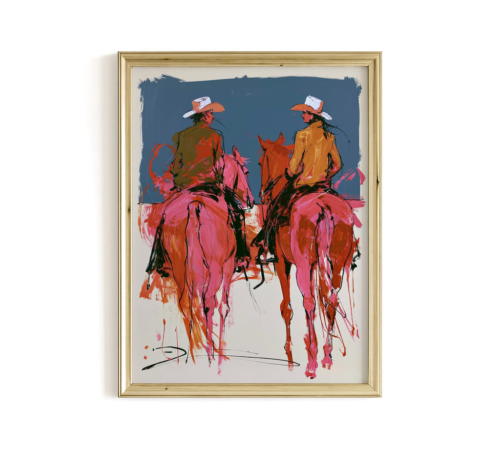 Western Wall Art Print, Cowboy Horse Poster, Modern Ranch Decor, Pink Rodeo Artwork Print