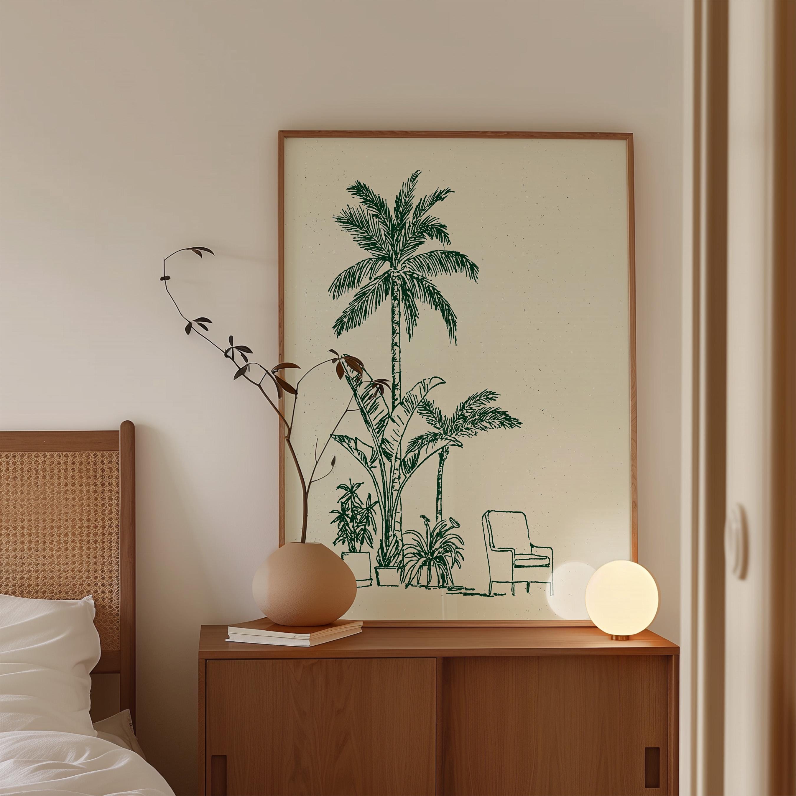 Palm Tree Wall Art Print, Minimal Botanical Line Art, Green Tropical Decor