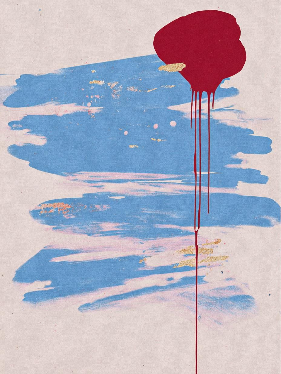 Abstract Art Print, Blue Brush Stroke Red Drip Painting, Modern Neutral Canvas Decor