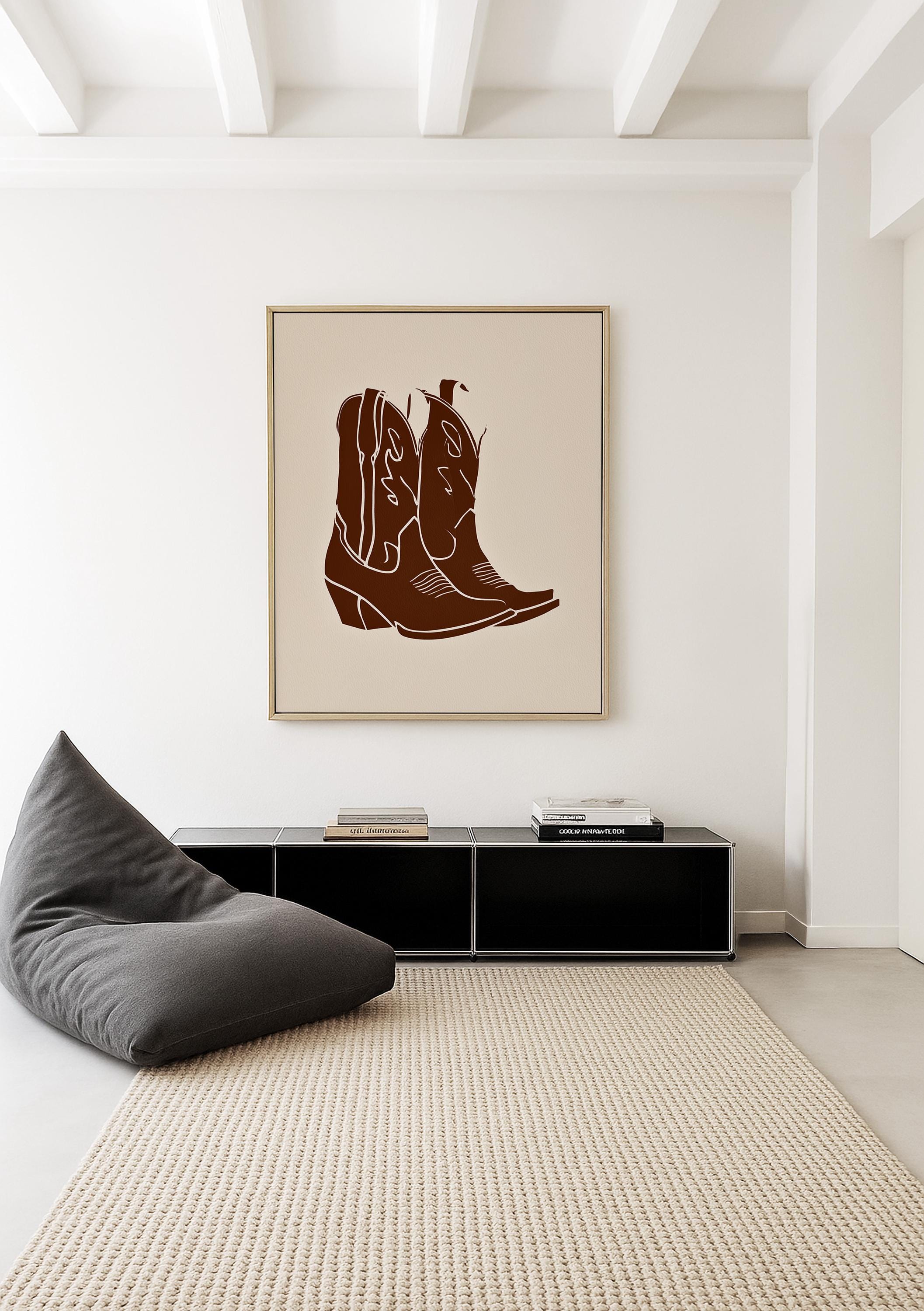 Cowboy Boot Art Print, Brown Western Wall Decor, Minimal Cowgirl Poster