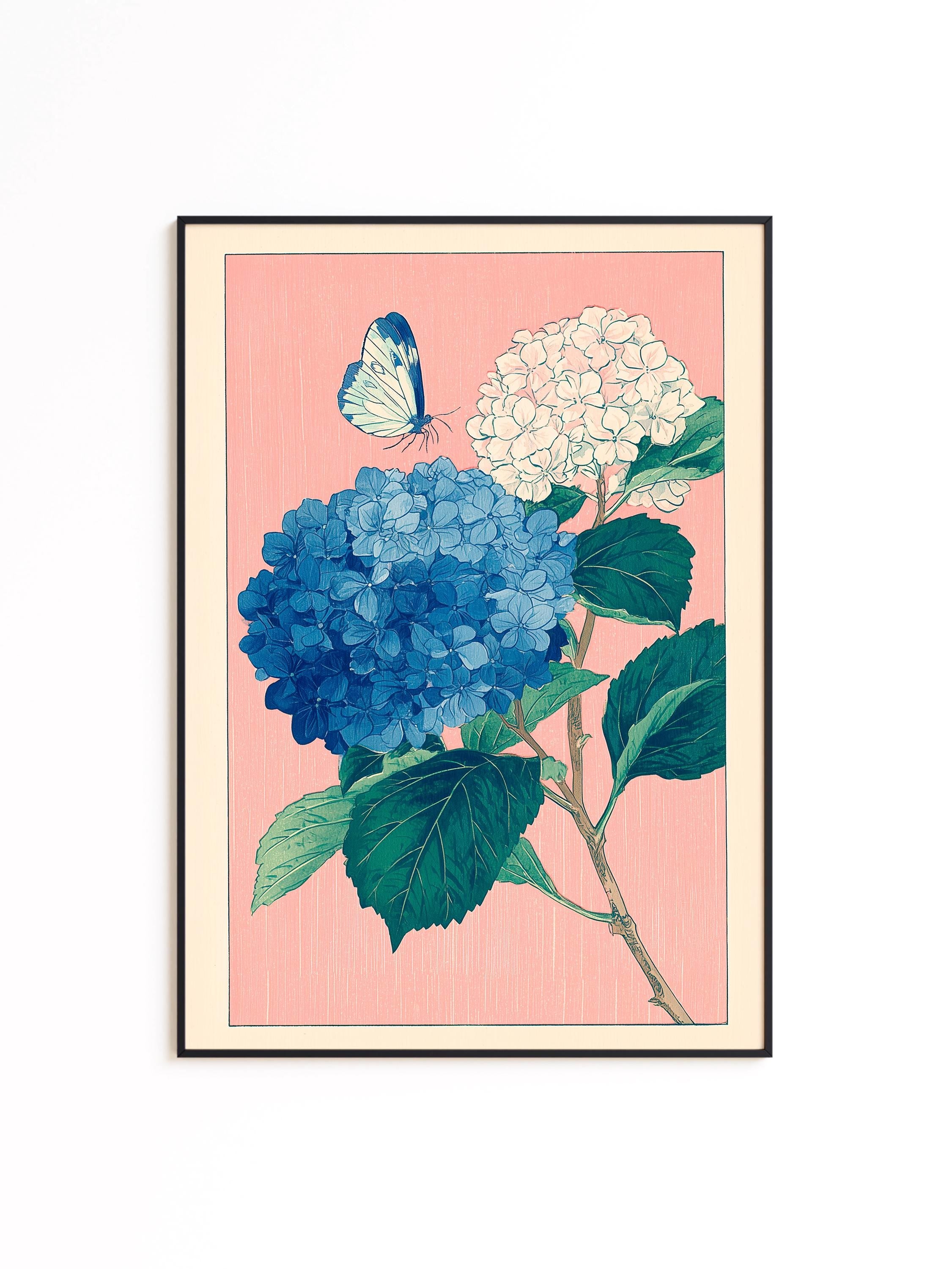 Hydrangea Wall Art Print, Blue Floral Poster, Botanical Flower Decor
