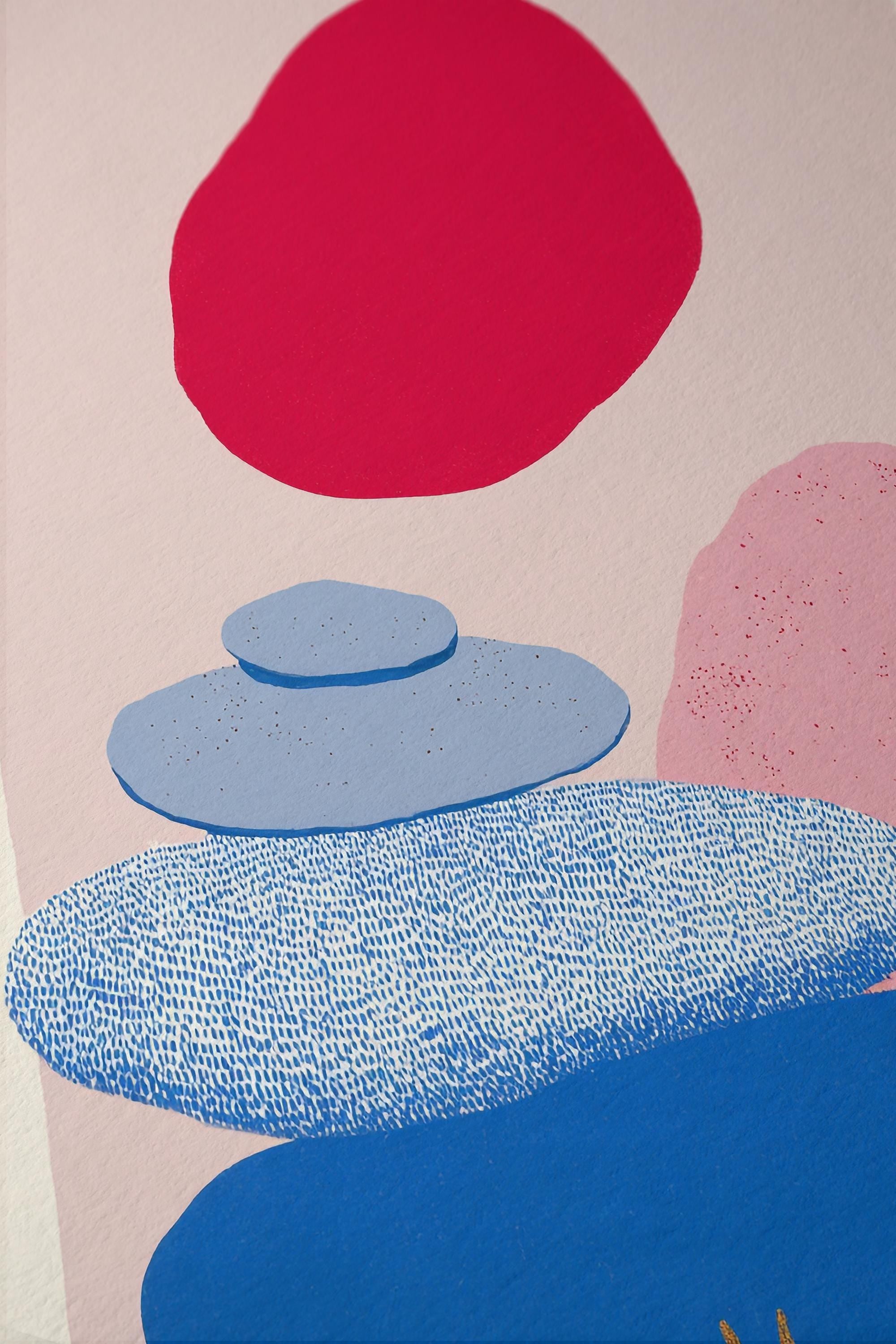 Abstract Landscape Art Print, Red Sun Blue Shapes, Boho Modern Wall Decor